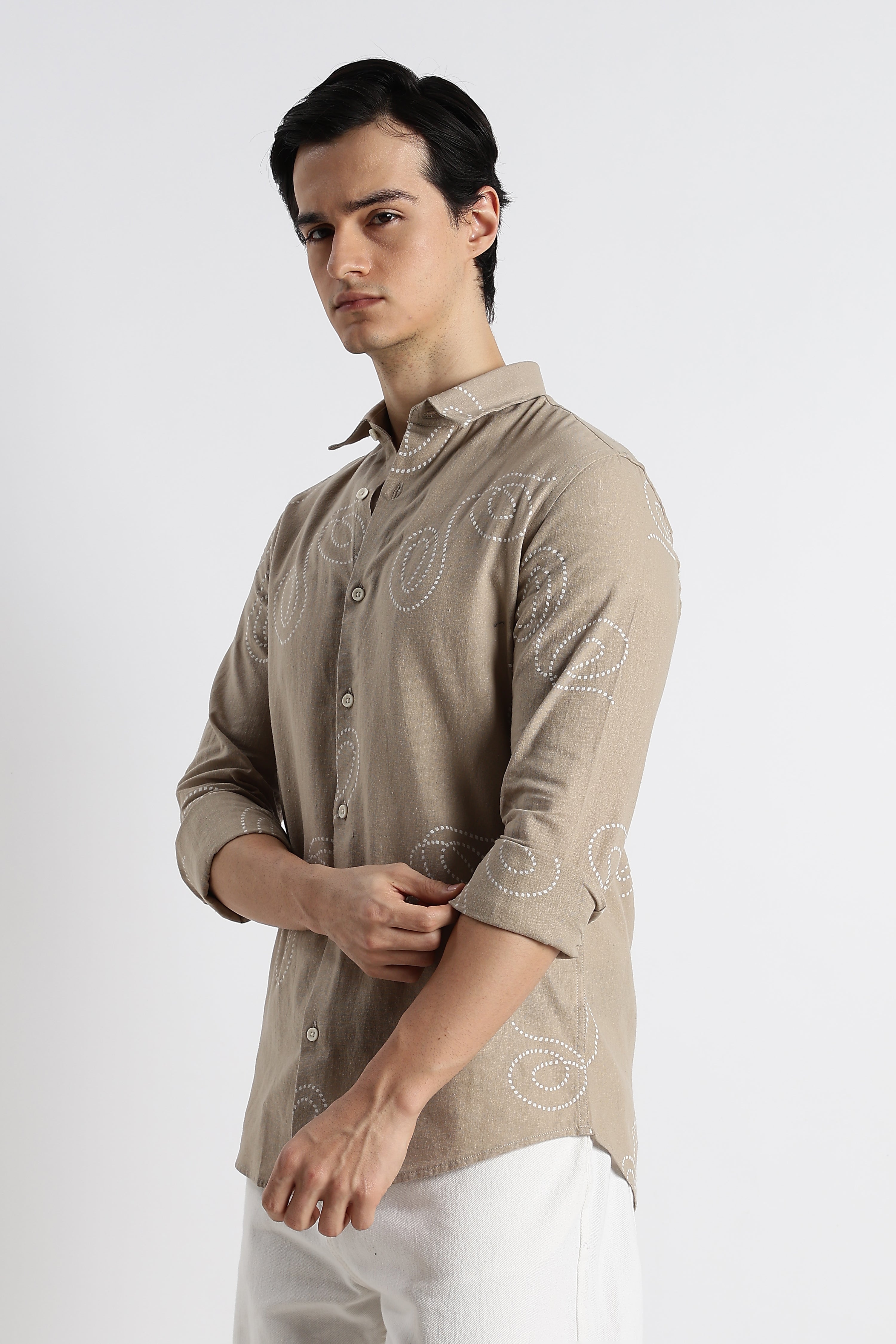 Men Dotted Swirl Printed Cotton Linen Shirt