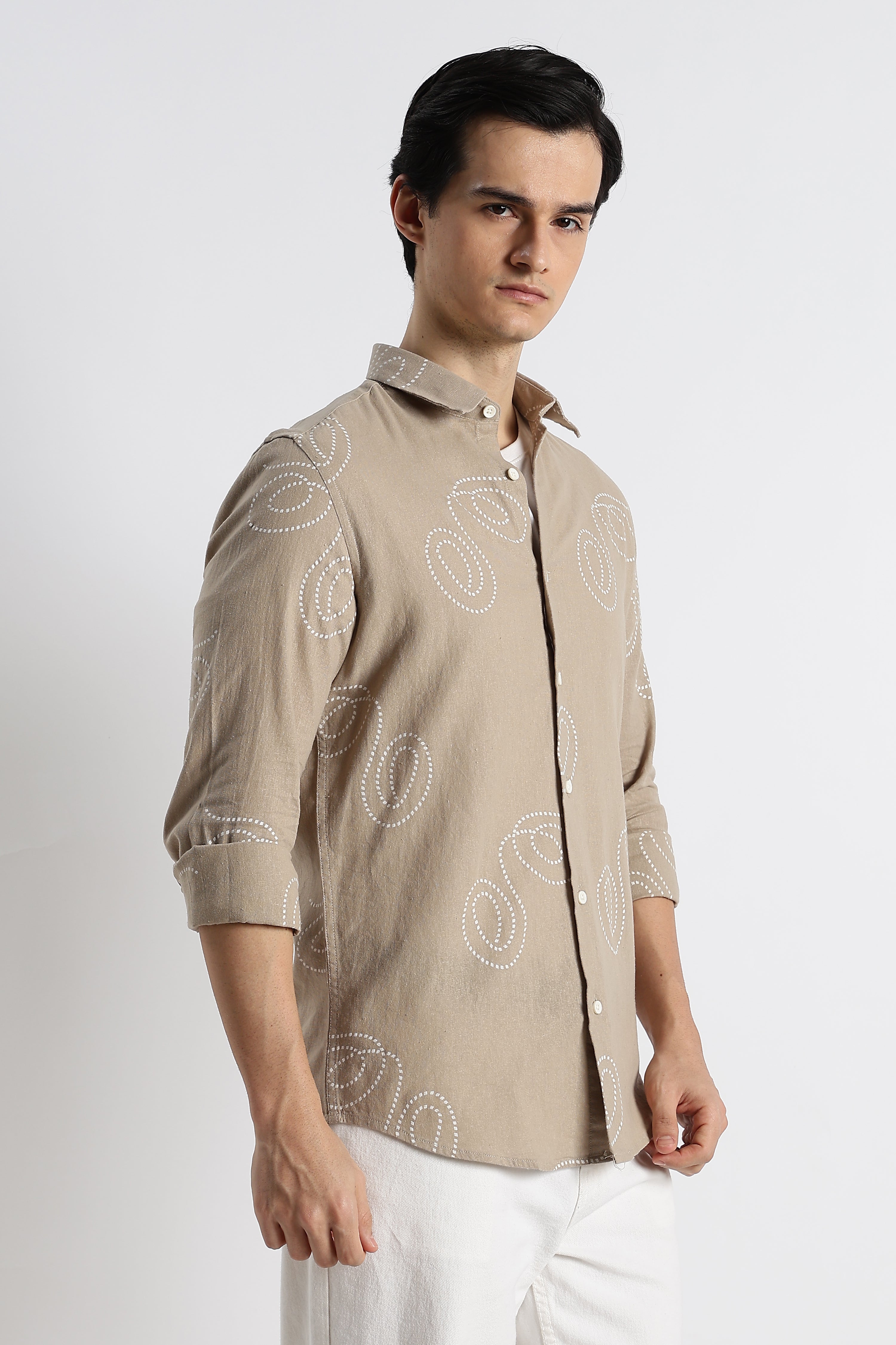 Men Dotted Swirl Printed Cotton Linen Shirt