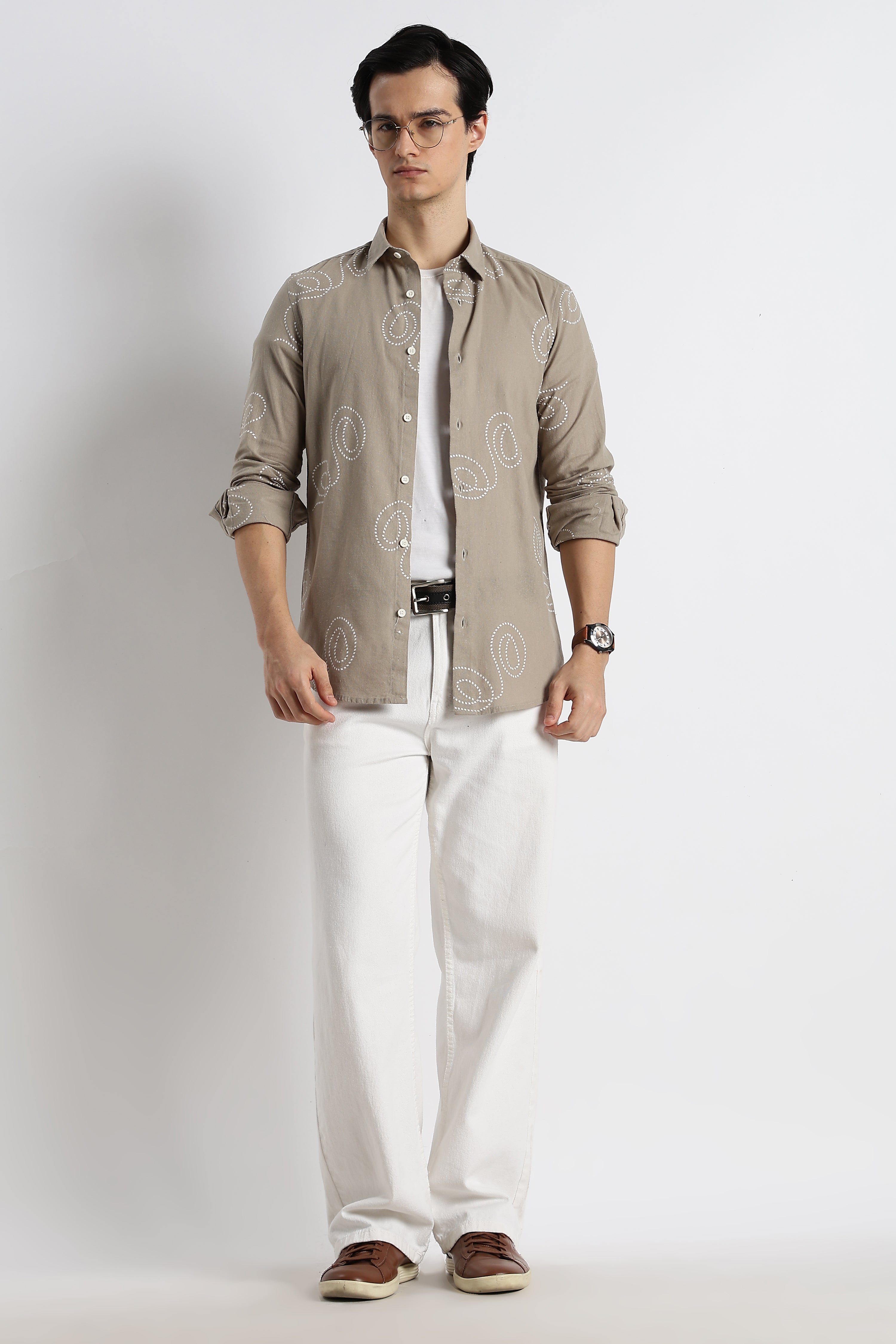 Men Dotted Swirl Printed Cotton Linen Shirt