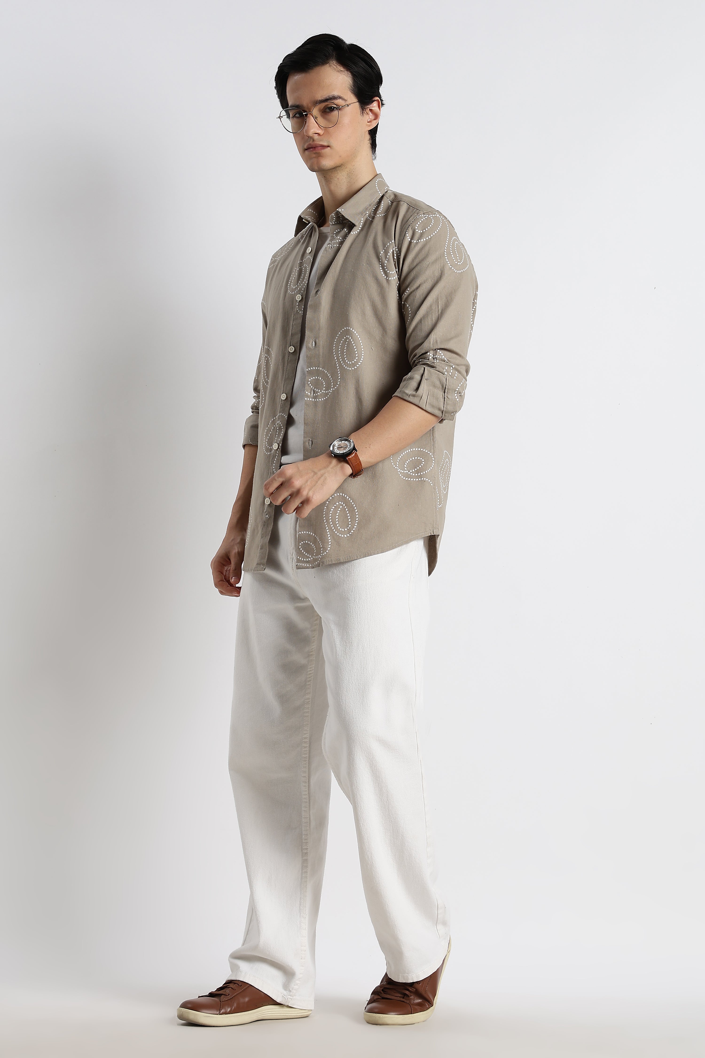 Men Dotted Swirl Printed Cotton Linen Shirt