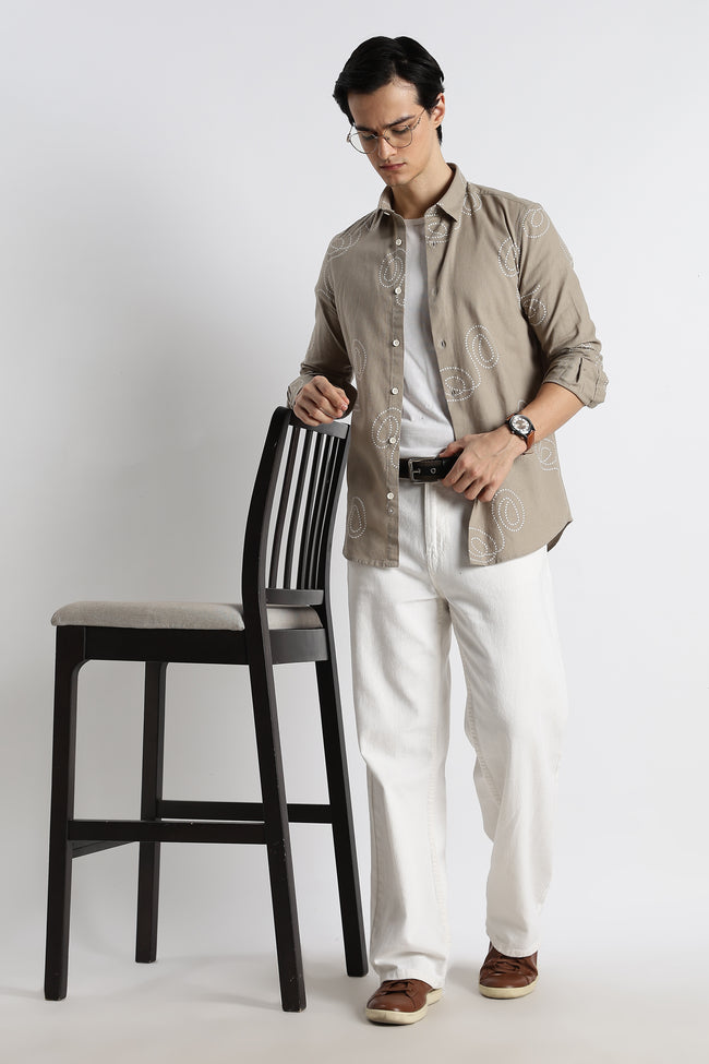 Men Dotted Swirl Printed Cotton Linen Shirt