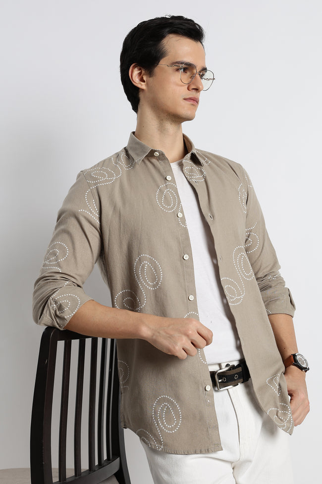 Men Dotted Swirl Printed Cotton Linen Shirt