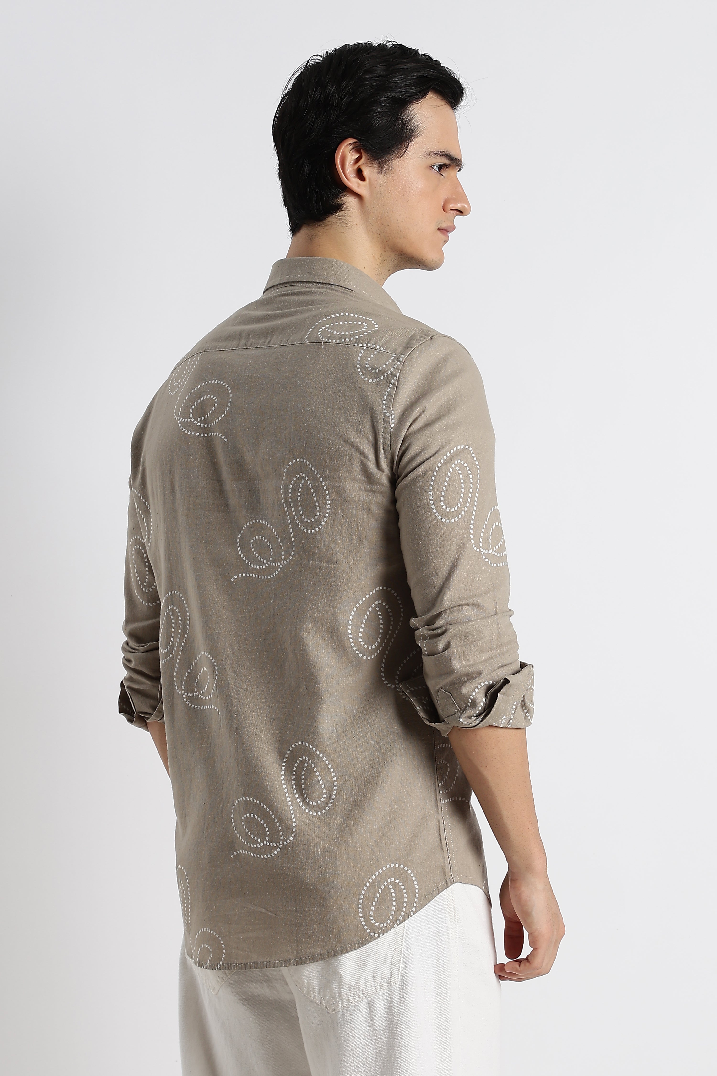 Men Dotted Swirl Printed Cotton Linen Shirt