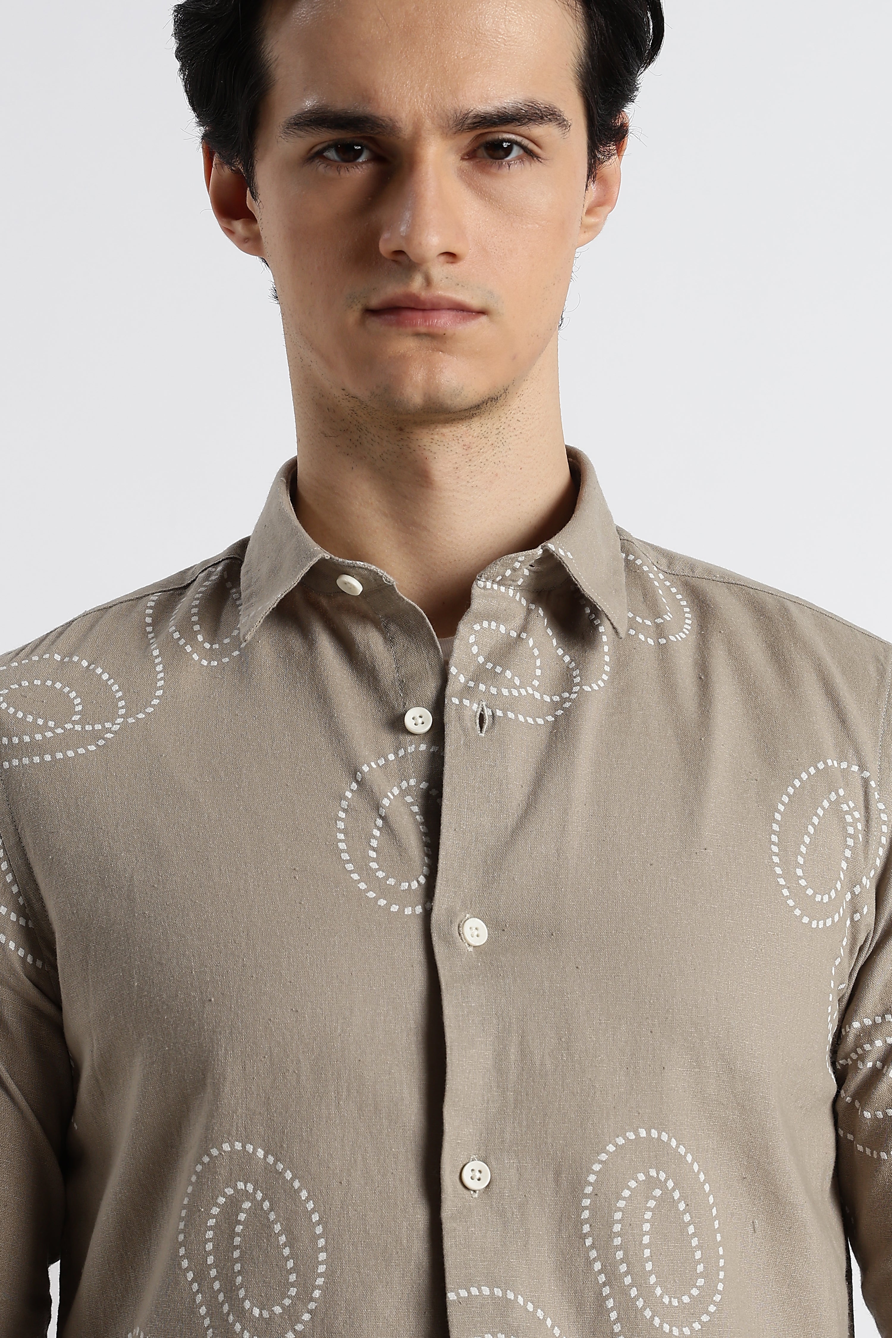 Men Dotted Swirl Printed Cotton Linen Shirt