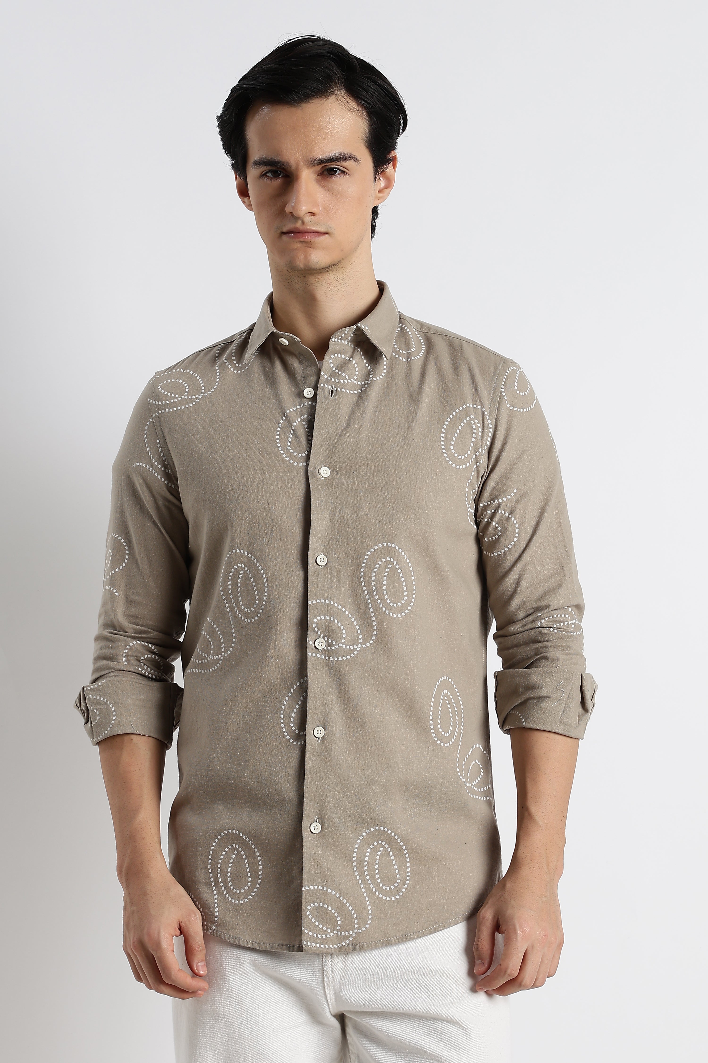 Men Dotted Swirl Printed Cotton Linen Shirt