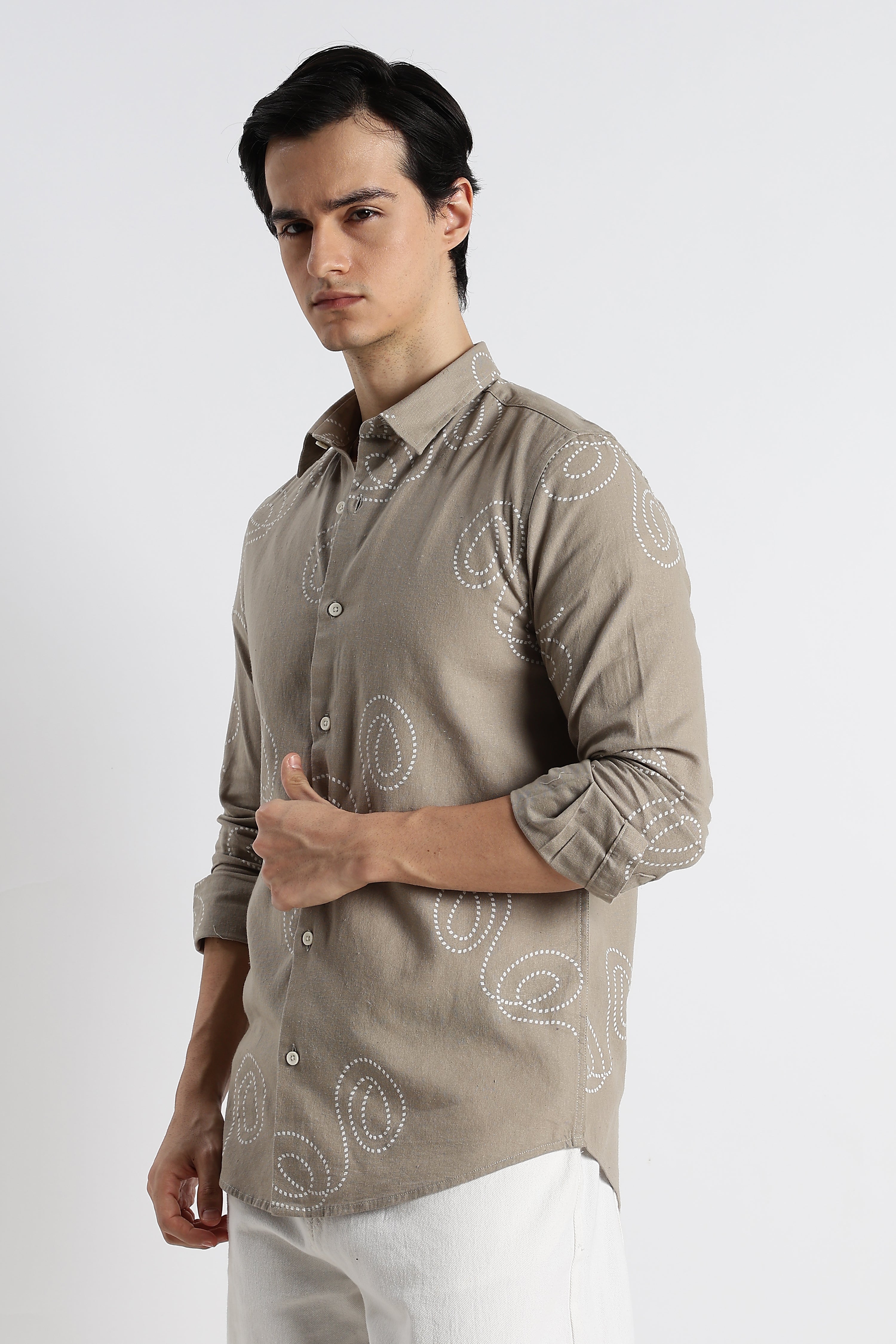 Men Dotted Swirl Printed Cotton Linen Shirt