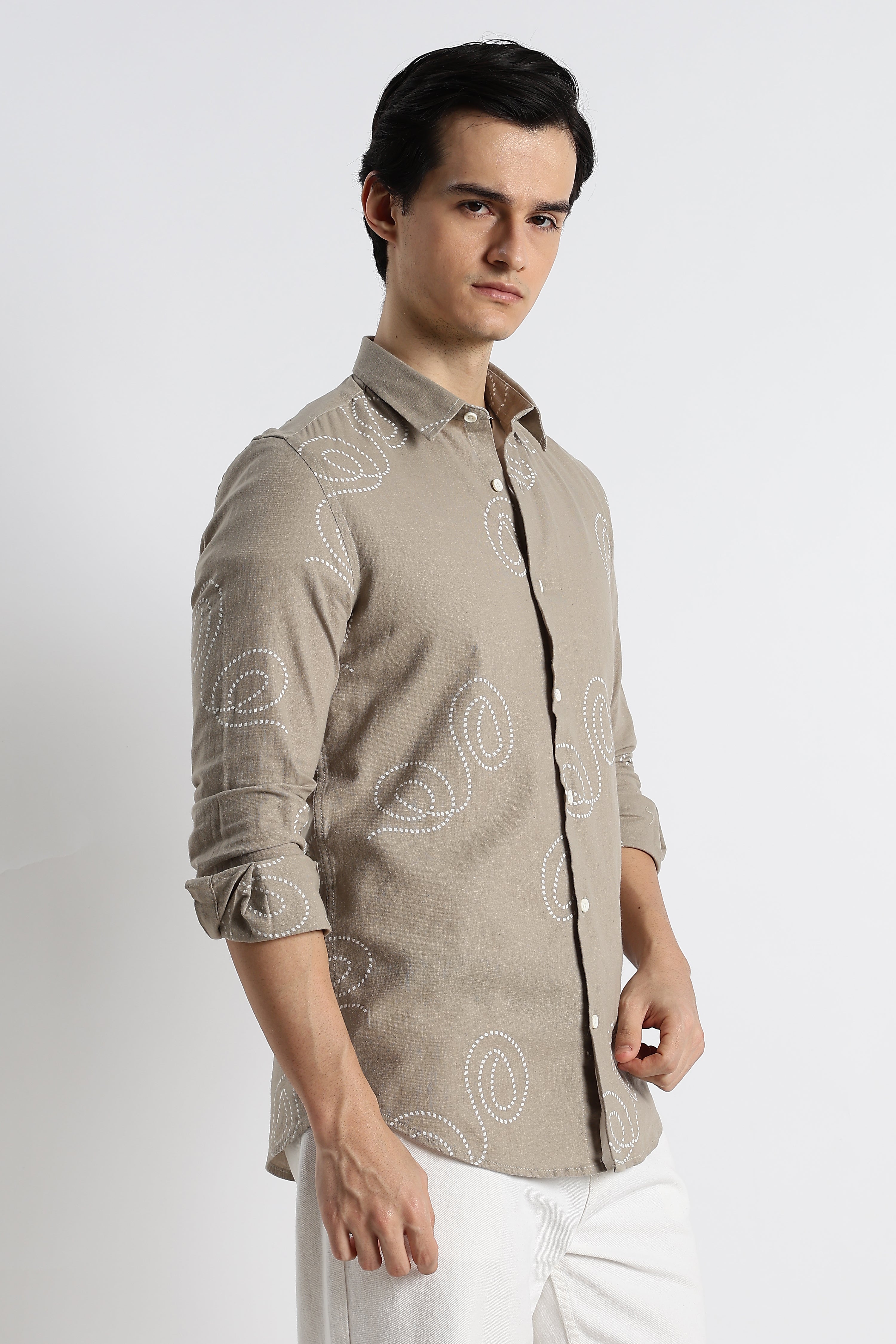 Men Dotted Swirl Printed Cotton Linen Shirt