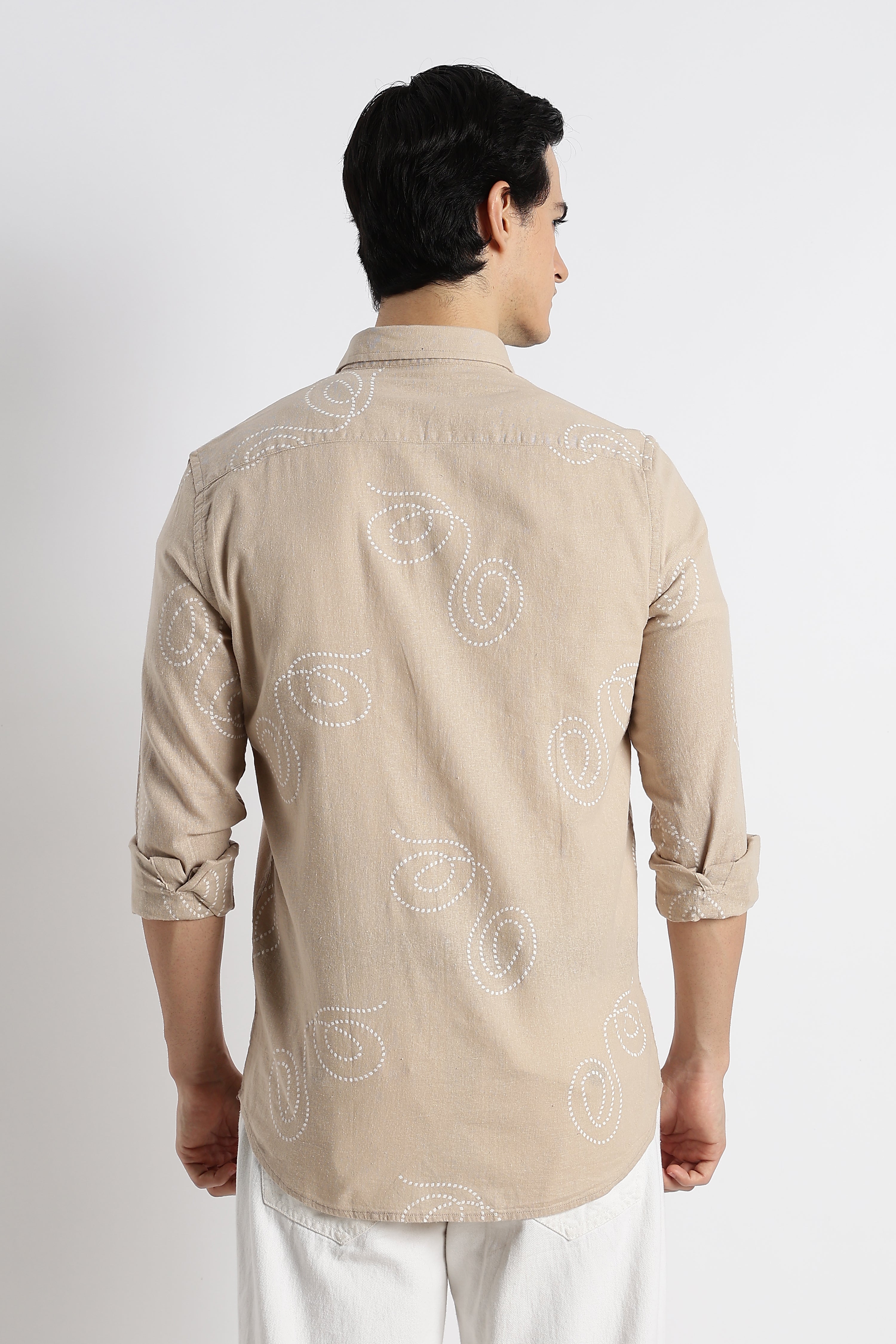 Men Dotted Swirl Printed Cotton Linen Shirt