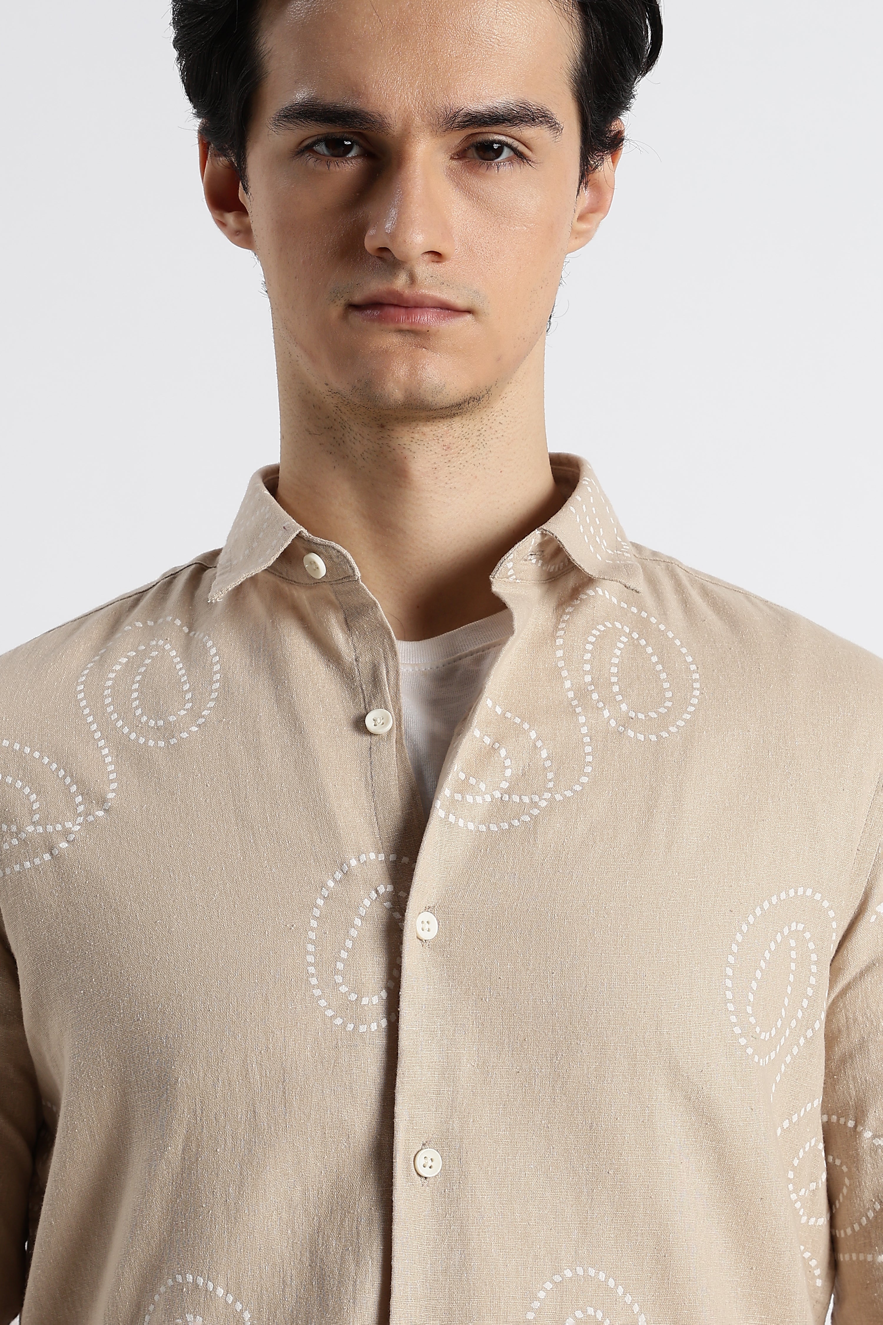 Men Dotted Swirl Printed Cotton Linen Shirt