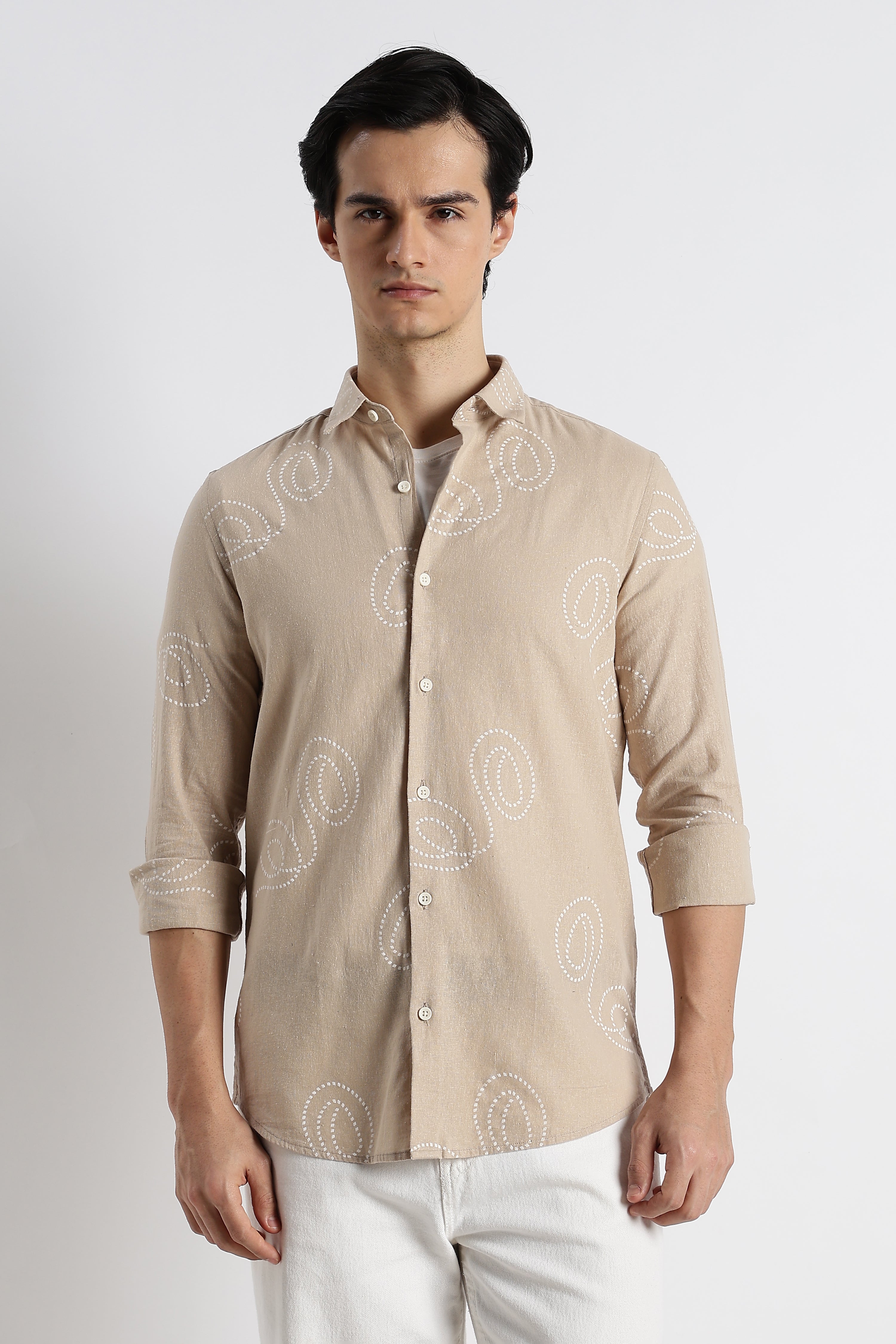 Men Dotted Swirl Printed Cotton Linen Shirt