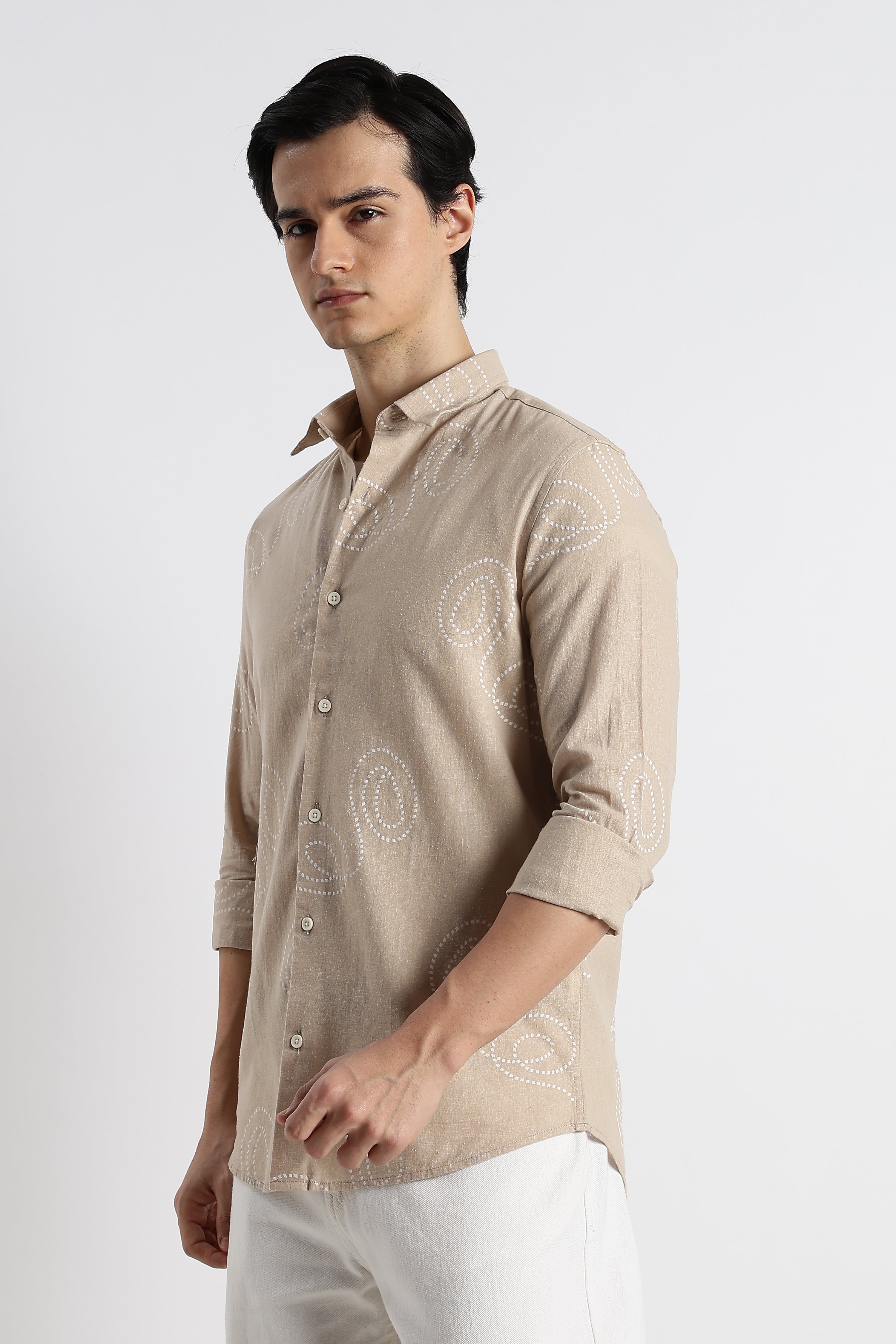 Men Dotted Swirl Printed Cotton Linen Shirt