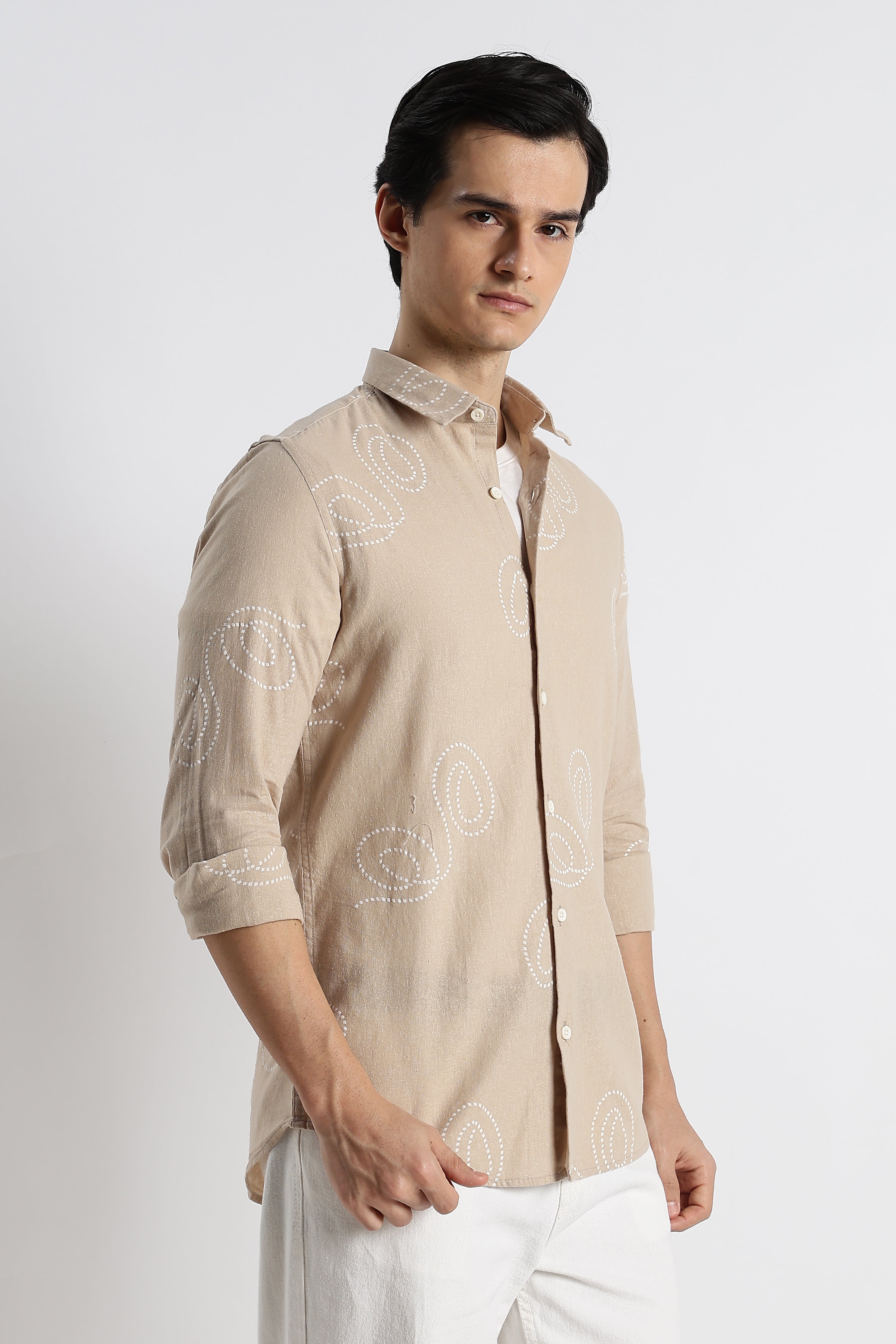 Men Dotted Swirl Printed Cotton Linen Shirt