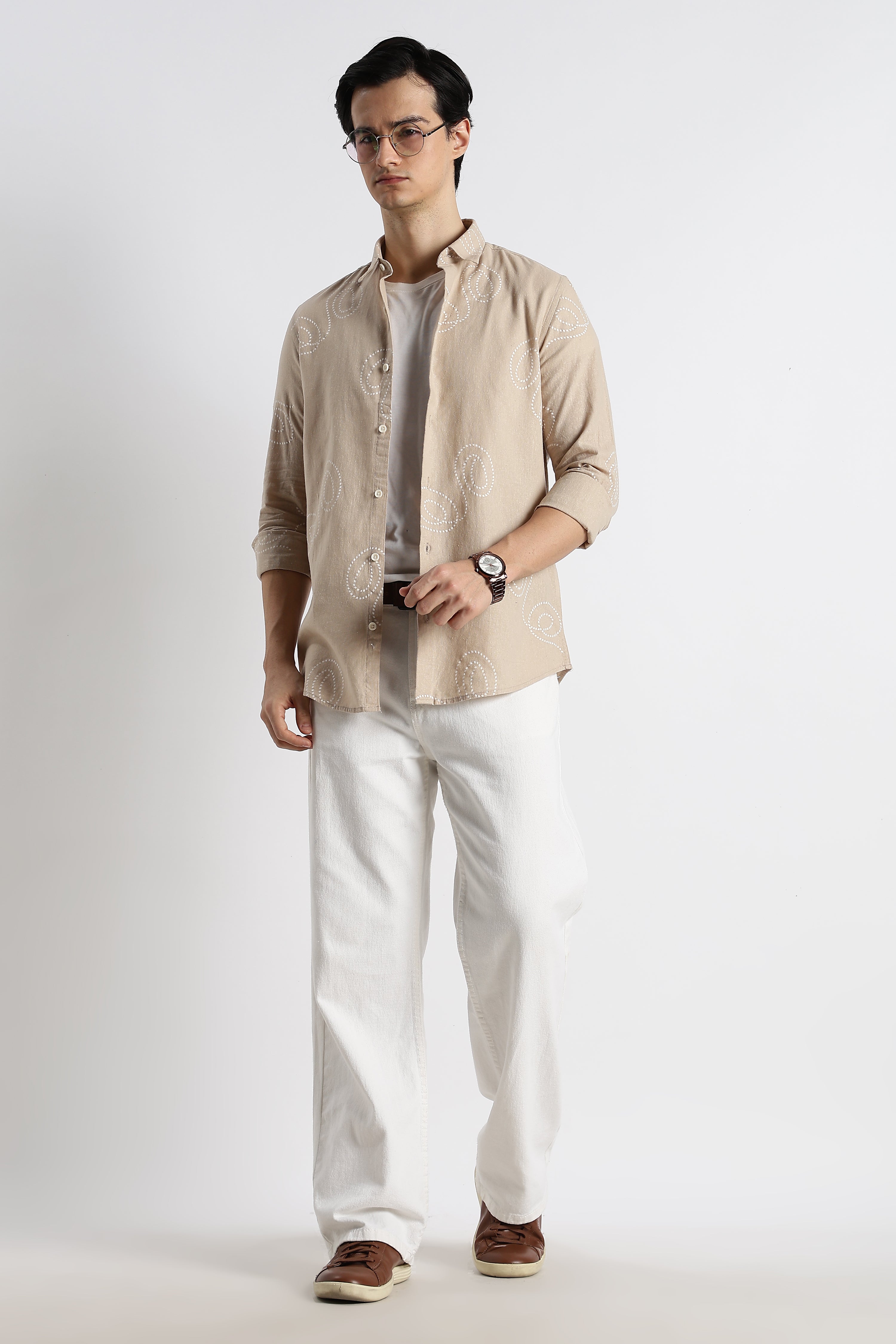 Men Dotted Swirl Printed Cotton Linen Shirt