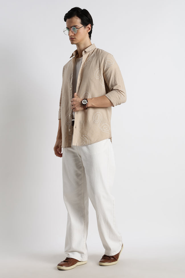 Men Dotted Swirl Printed Cotton Linen Shirt