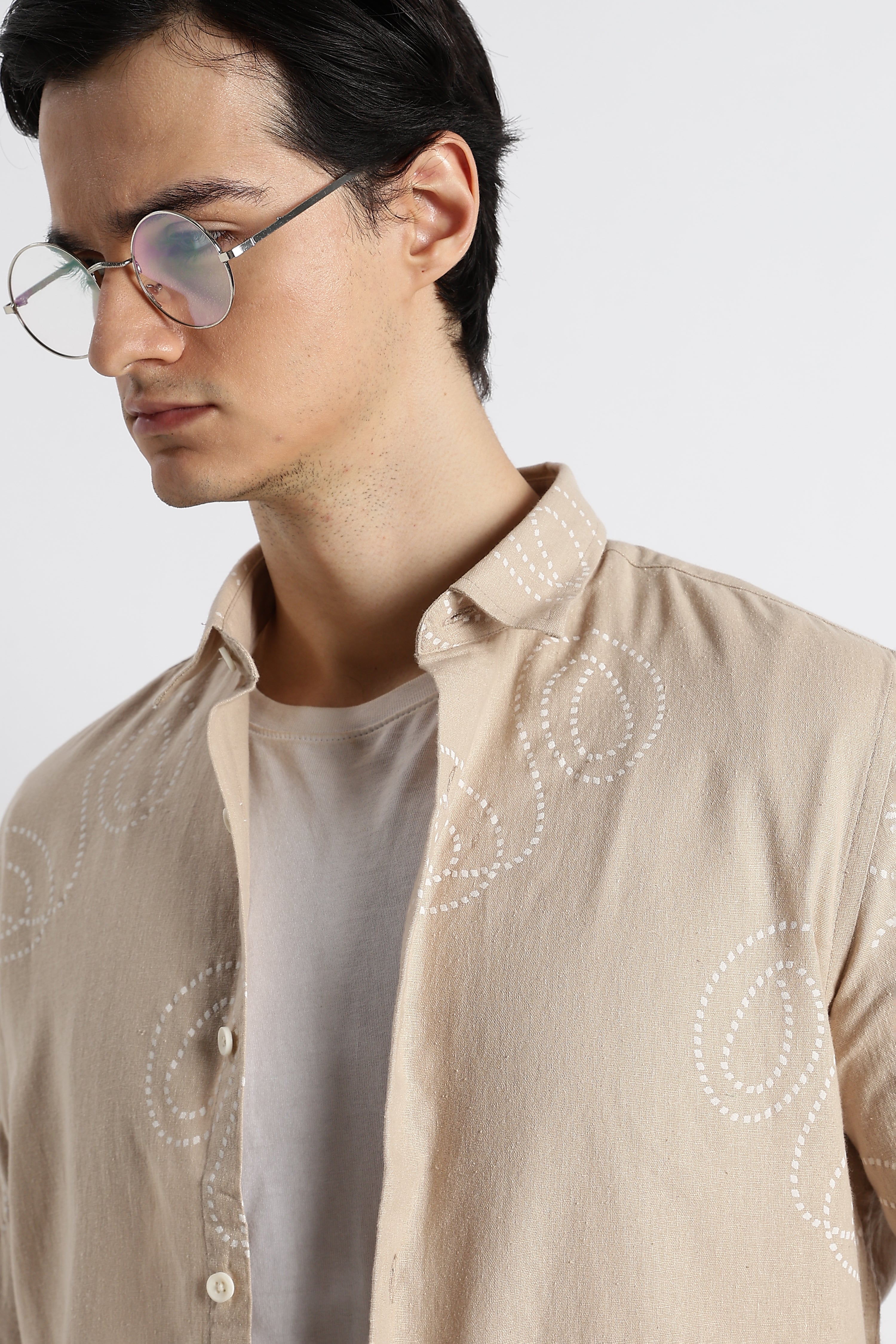 Men Dotted Swirl Printed Cotton Linen Shirt