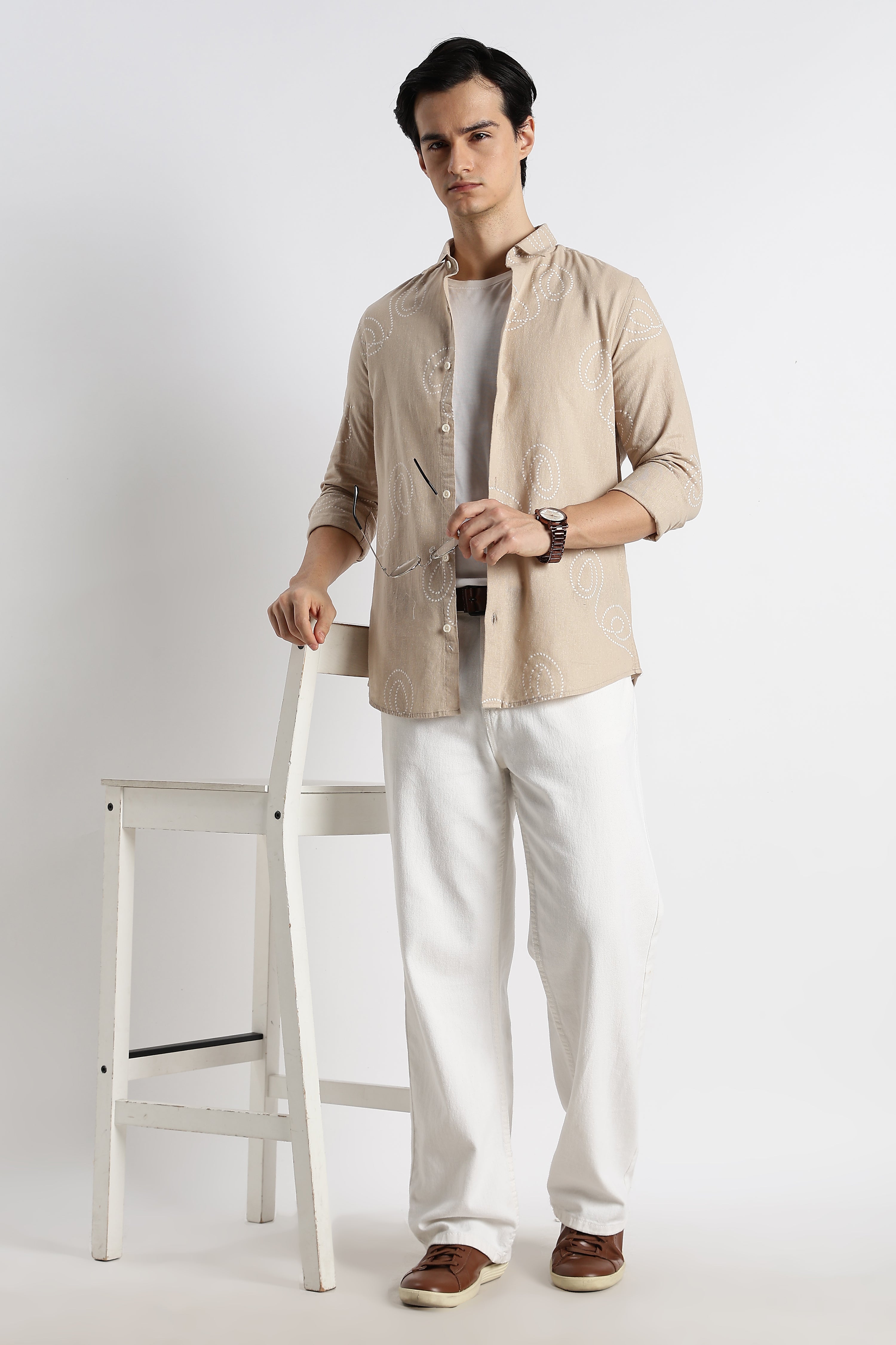 Men Dotted Swirl Printed Cotton Linen Shirt