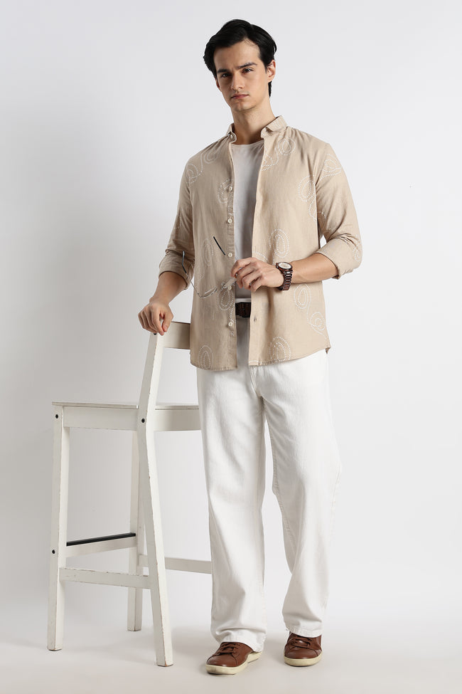 Men Dotted Swirl Printed Cotton Linen Shirt