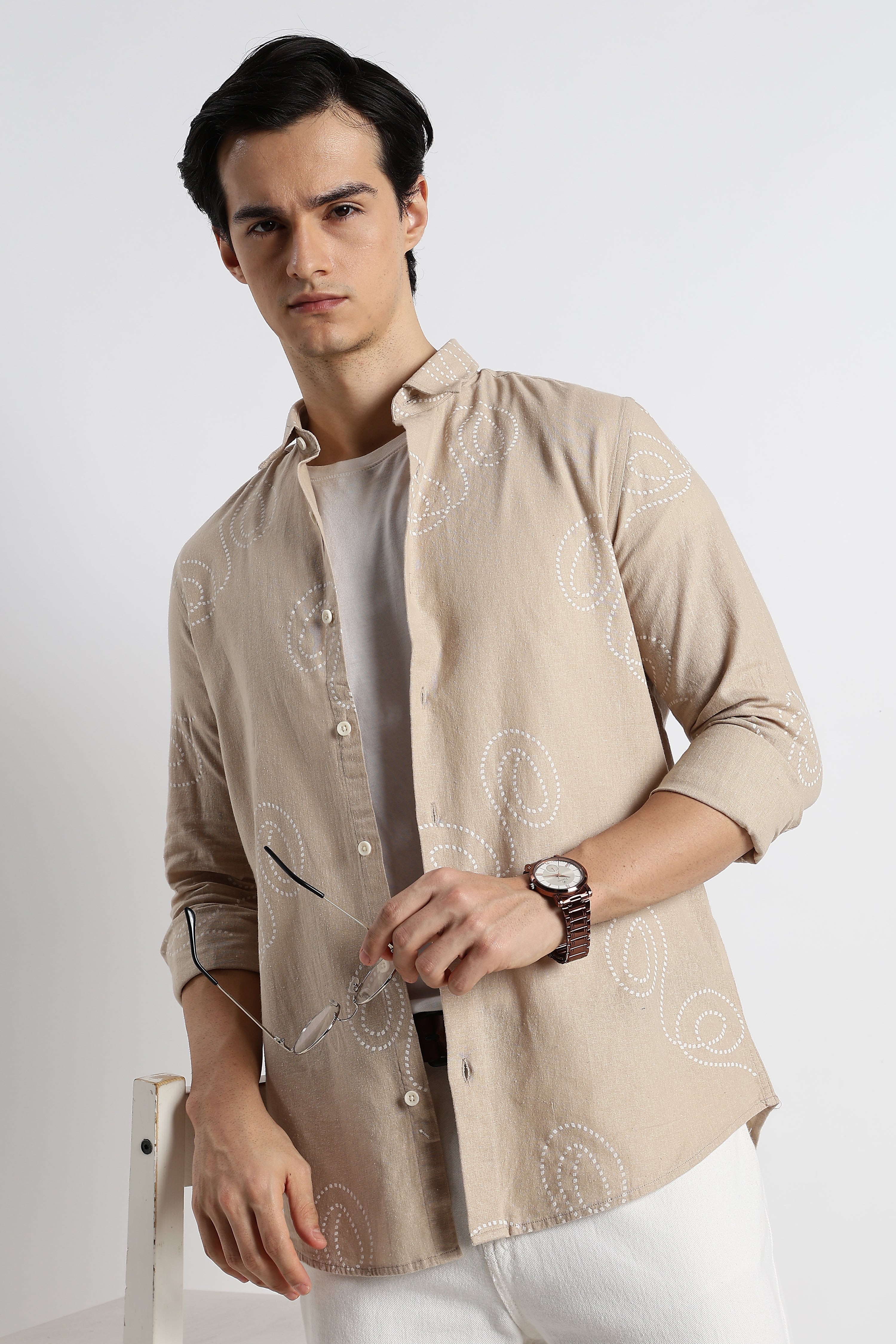 Men Dotted Swirl Printed Cotton Linen Shirt