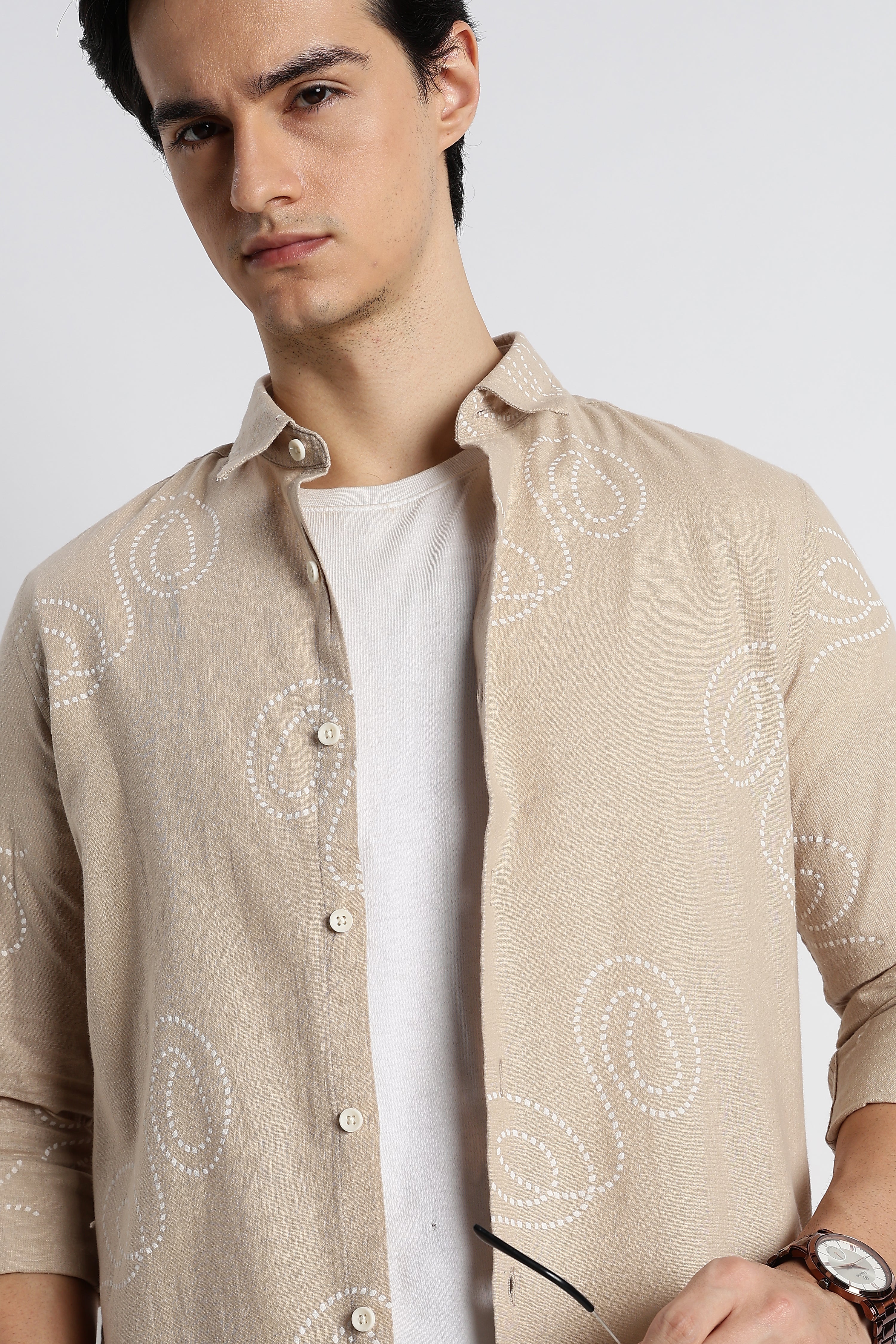 Men Dotted Swirl Printed Cotton Linen Shirt