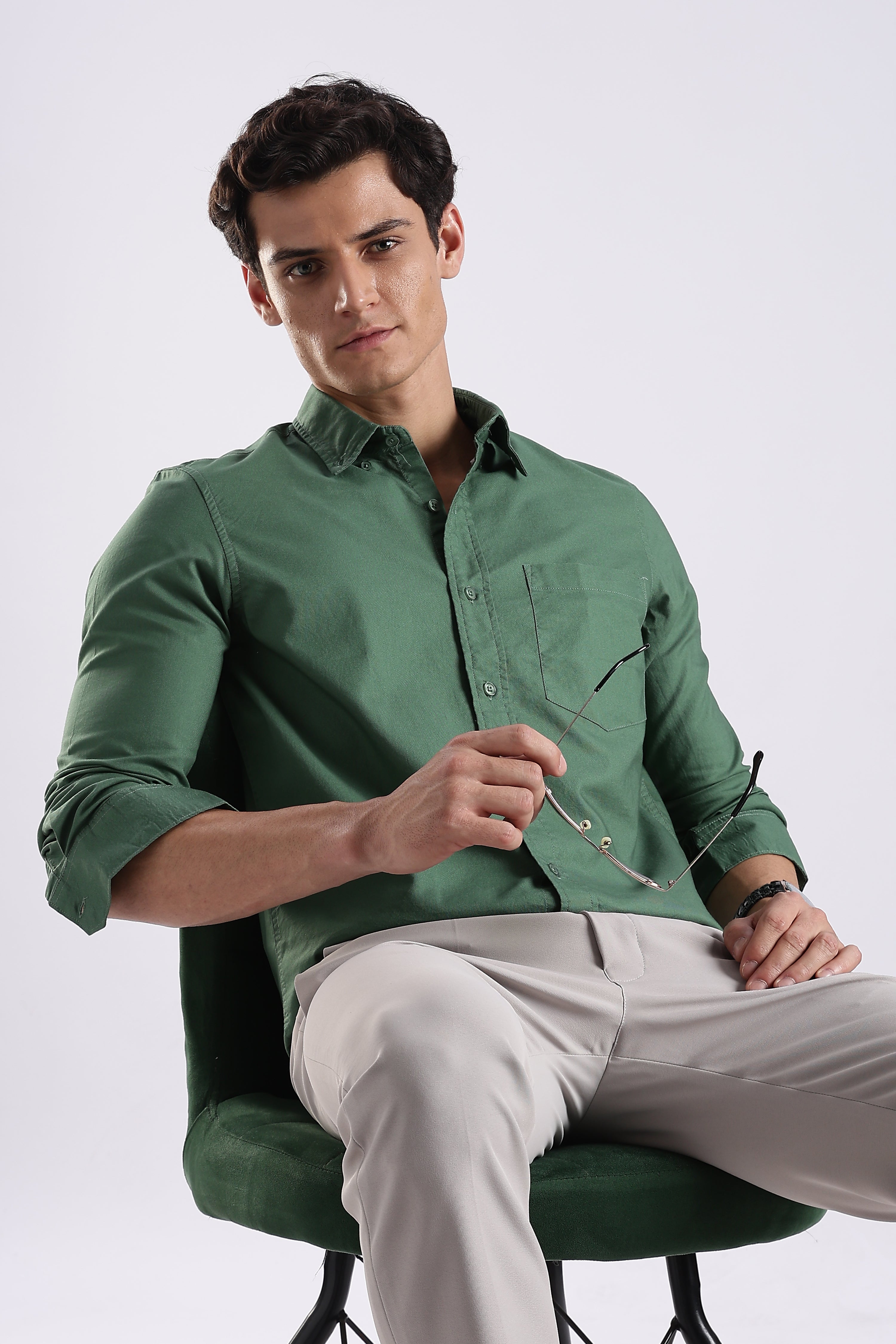Men Green Oxford Solid Shirt