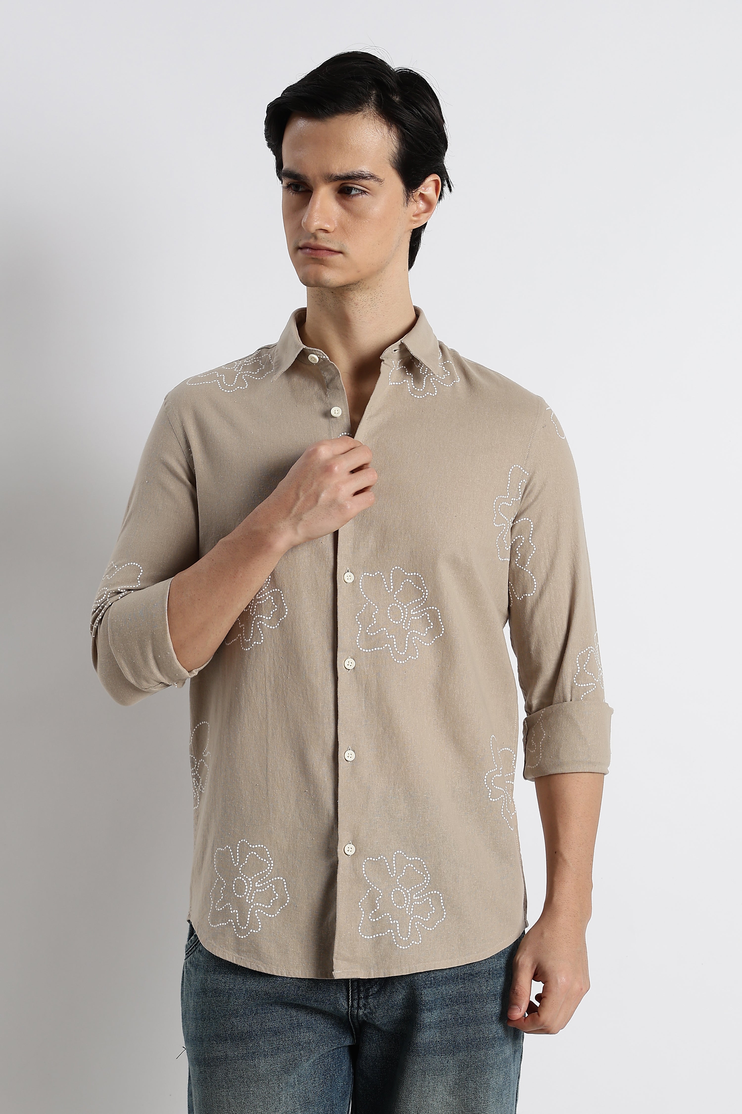 Men Floral Dot-Print Cotton Shirt