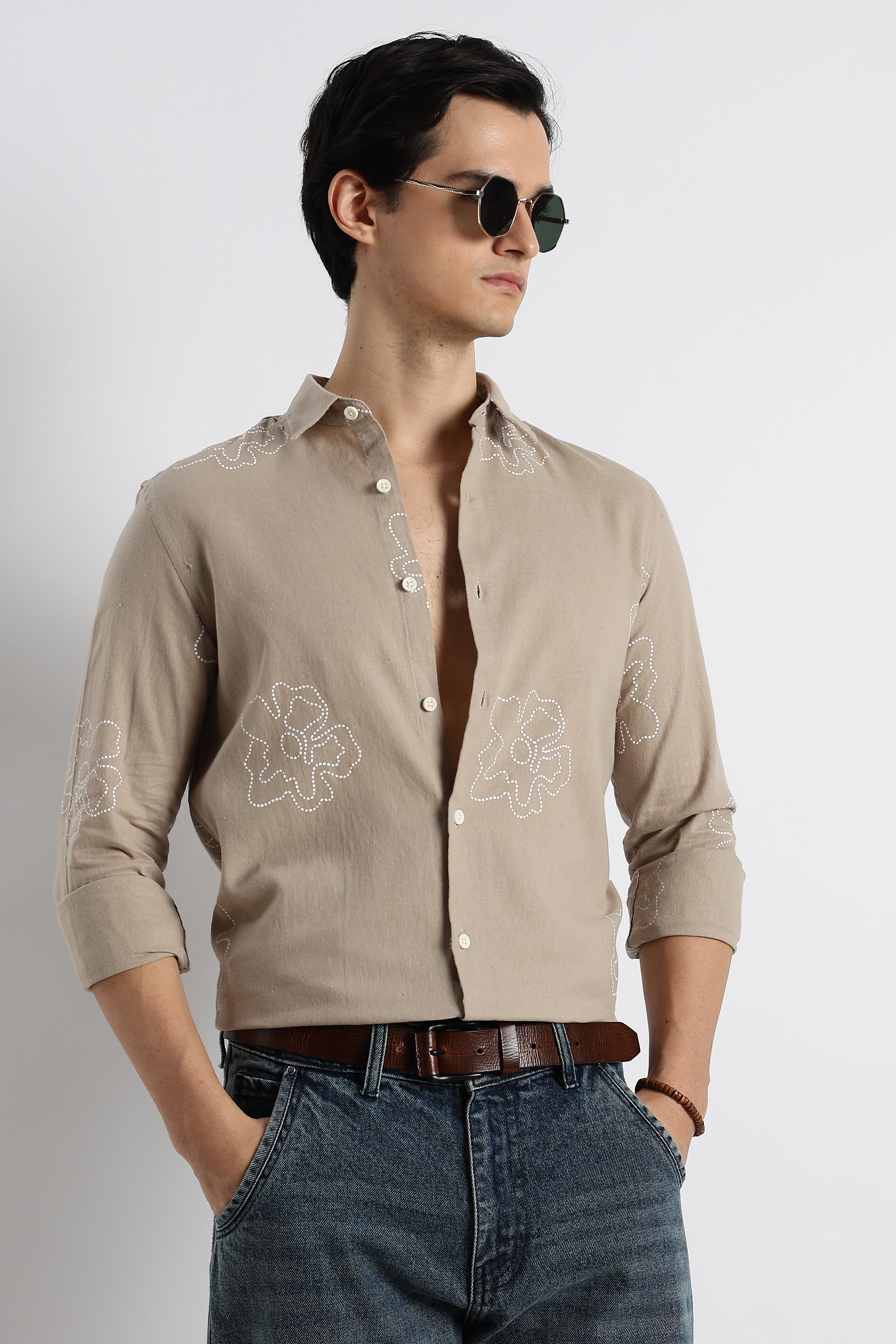 Men Floral Dot-Print Cotton Shirt