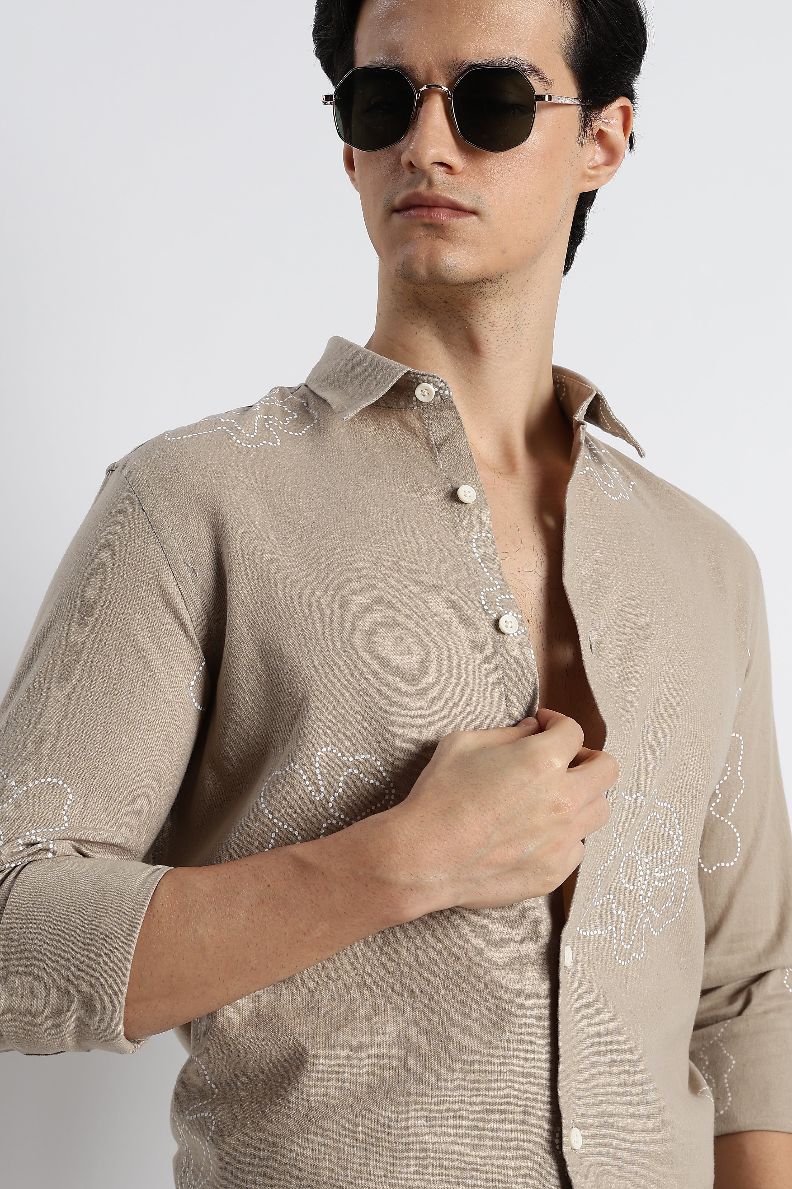 Men Floral Dot-Print Cotton Shirt