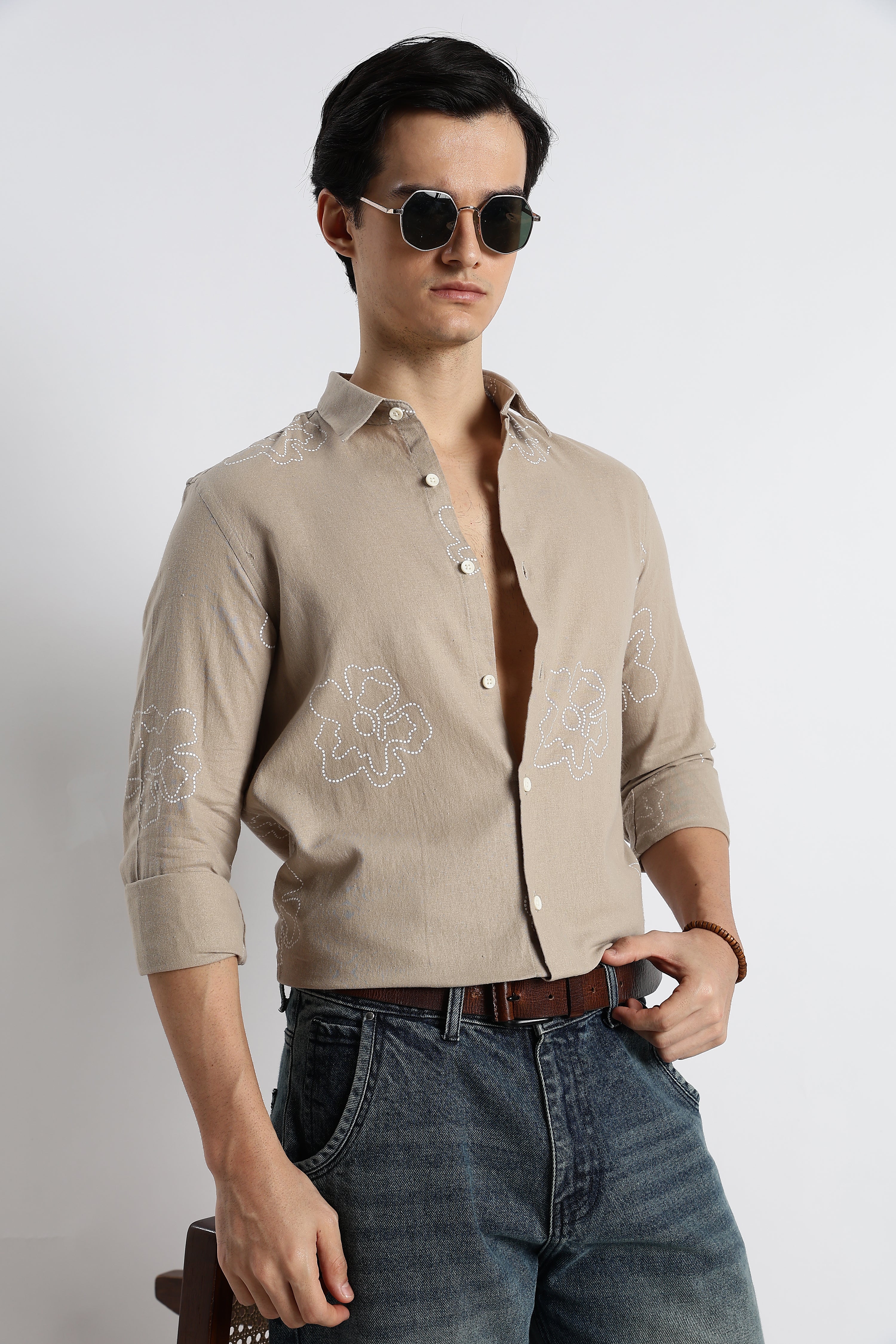 Men Floral Dot-Print Cotton Shirt