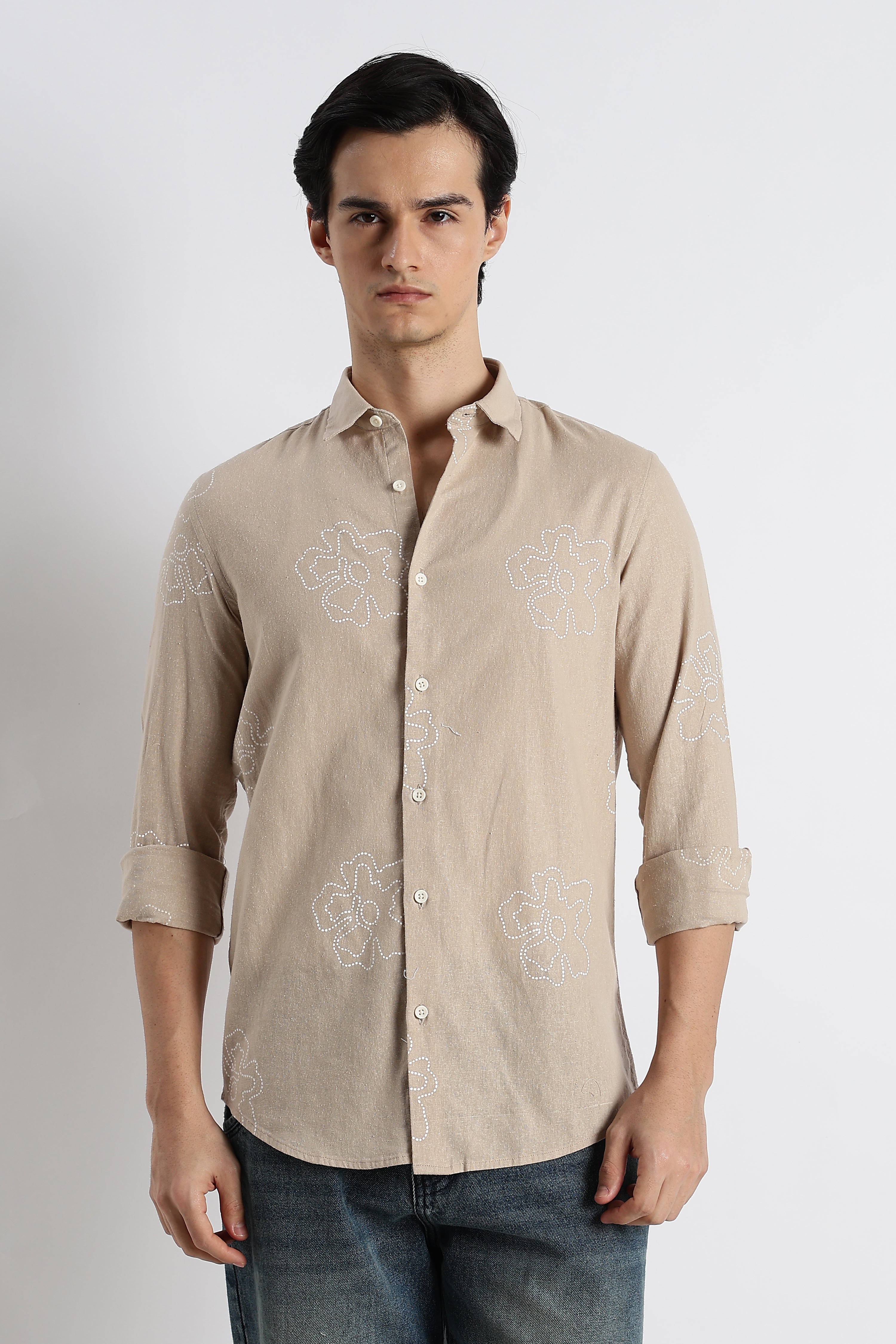 Men Floral Dot-Print Cotton Shirt