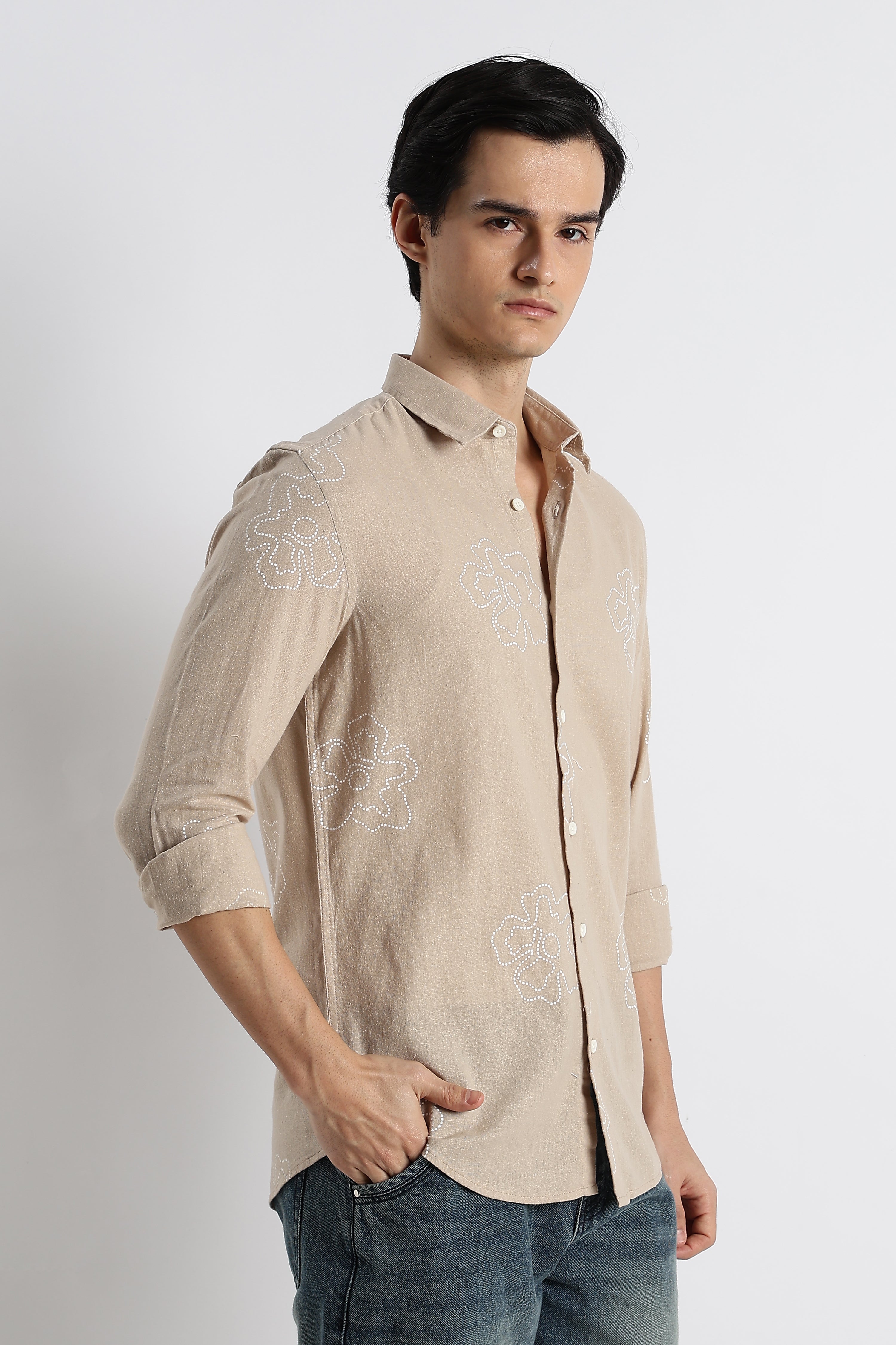 Men Floral Dot-Print Cotton Shirt