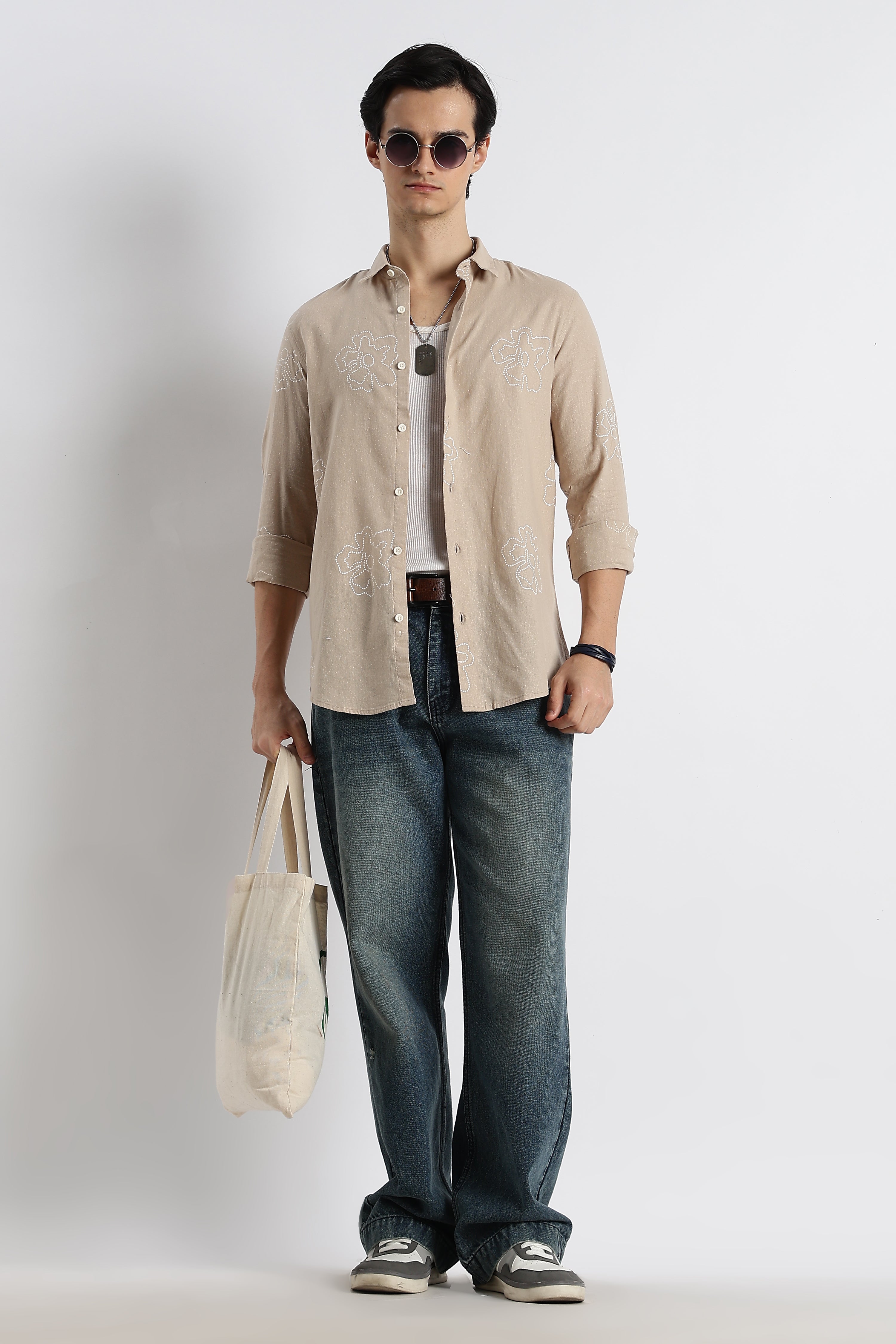 Men Floral Dot-Print Cotton Shirt