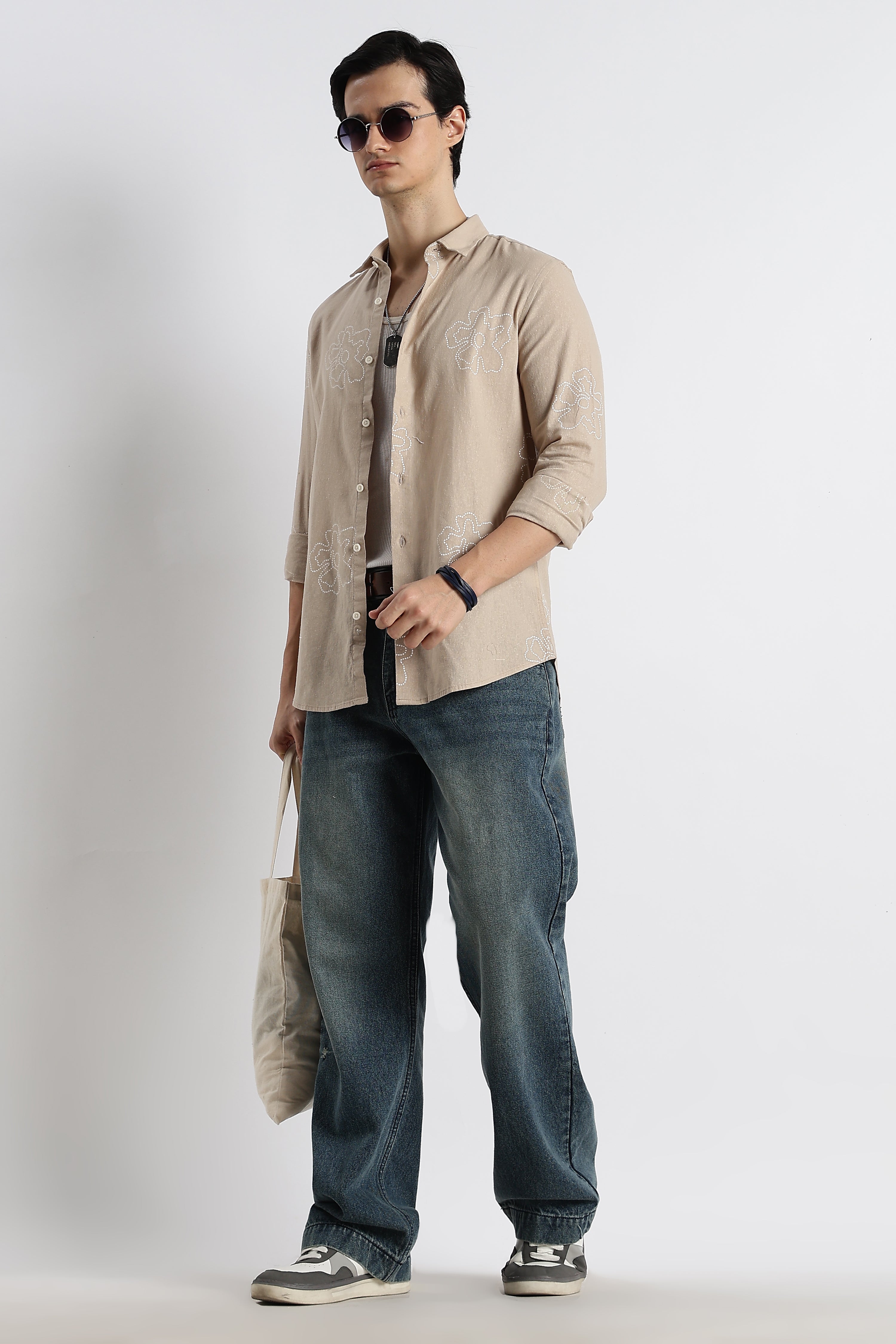 Men Floral Dot-Print Cotton Shirt