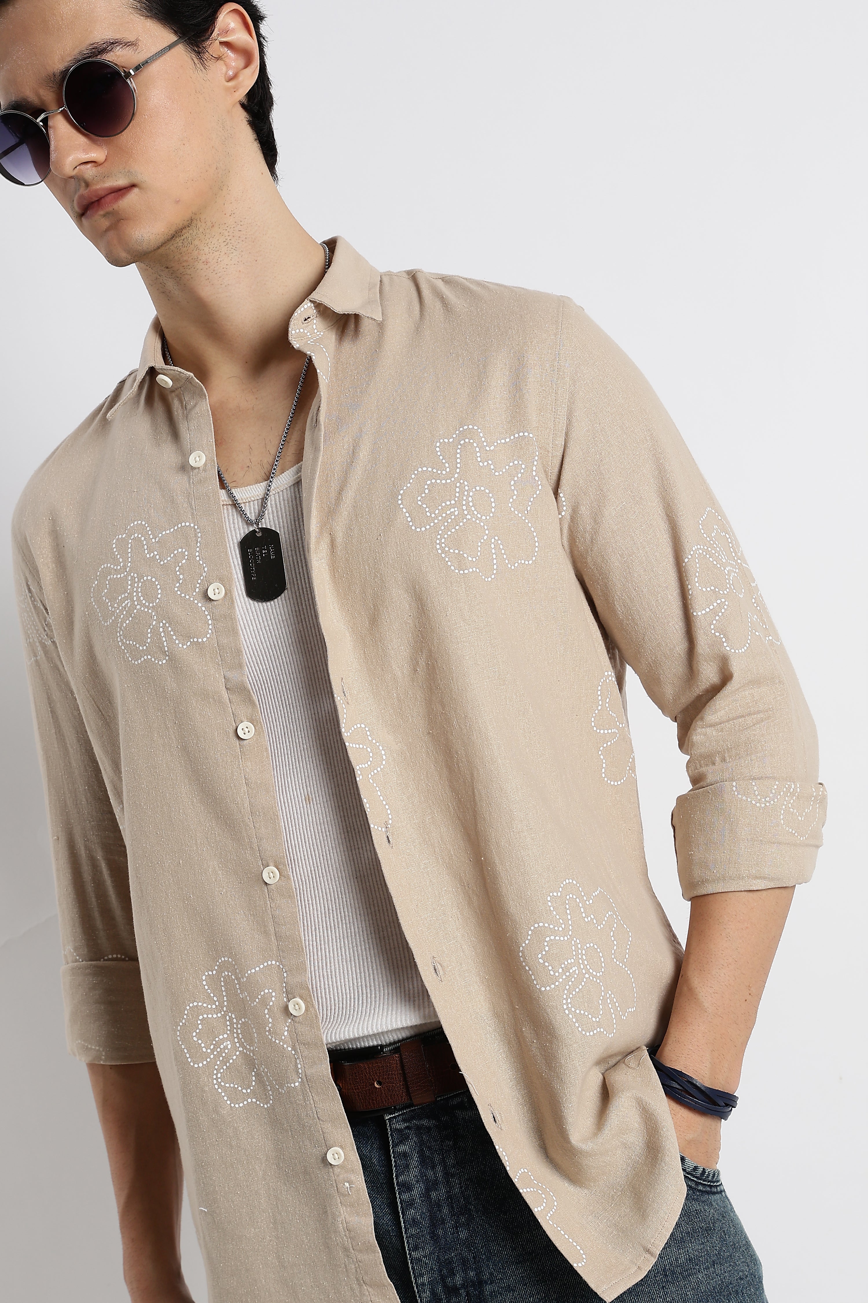 Men Floral Dot-Print Cotton Shirt