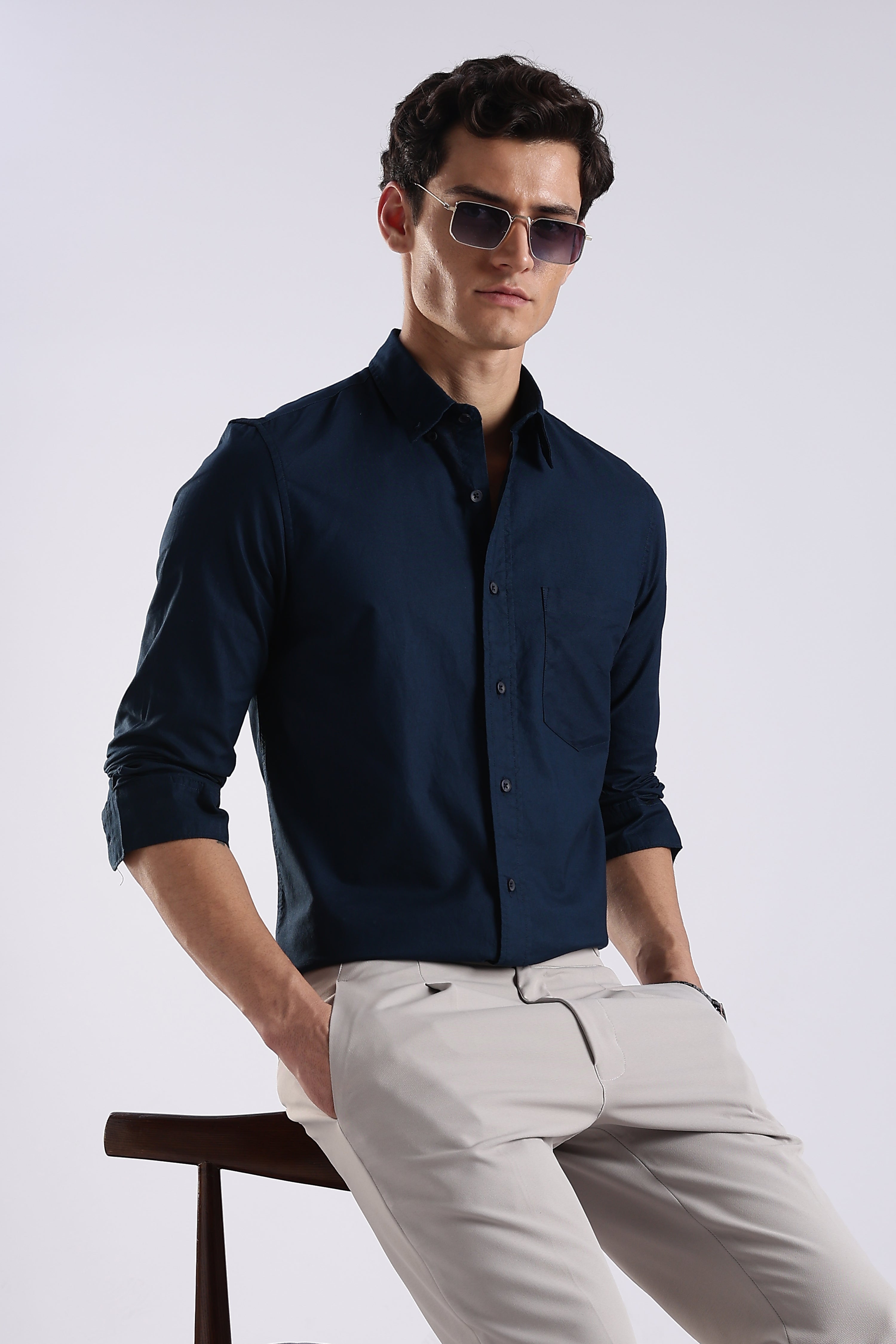 Men Blue Oxford Solid Shirt