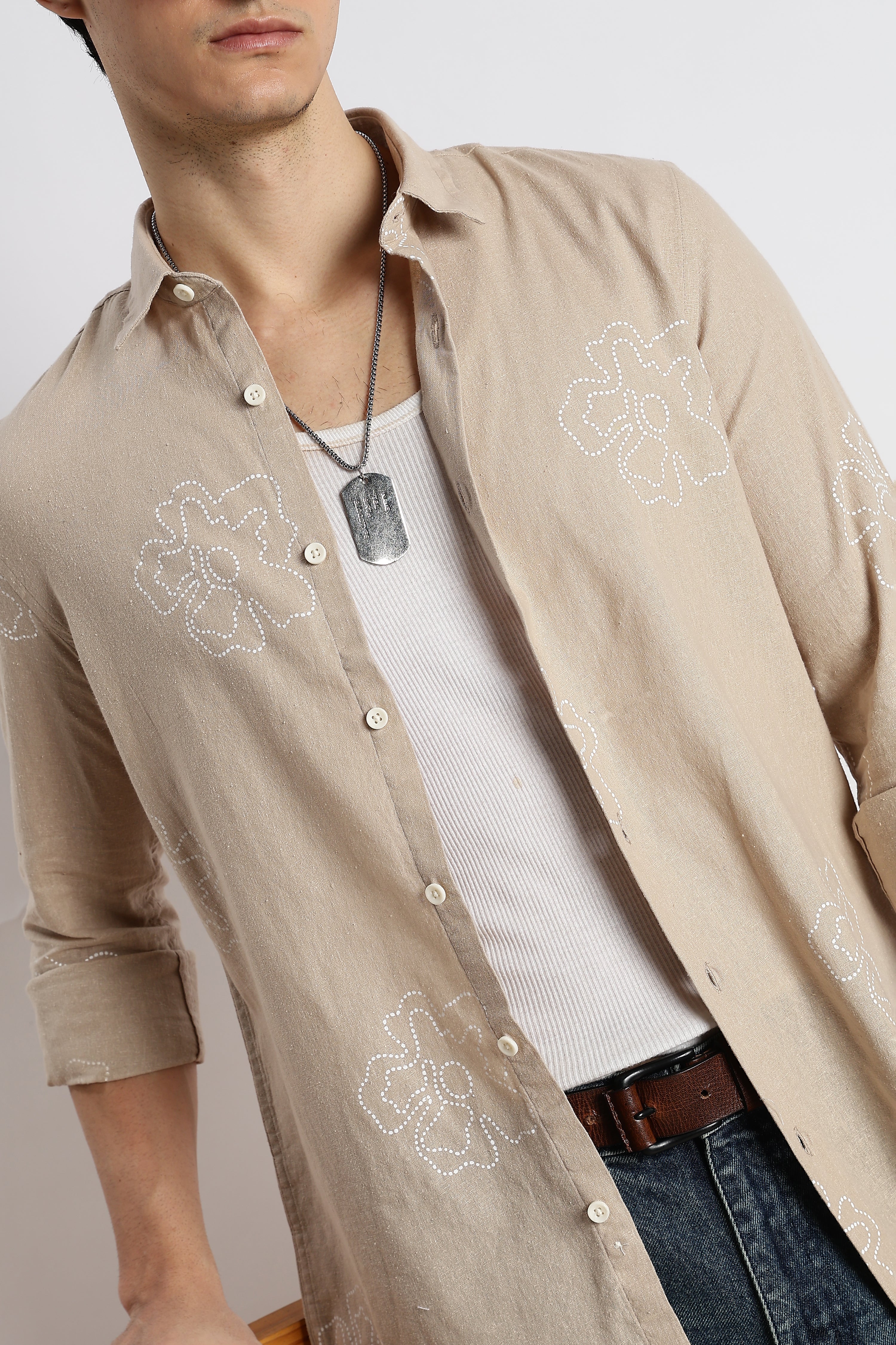 Men Floral Dot-Print Cotton Shirt