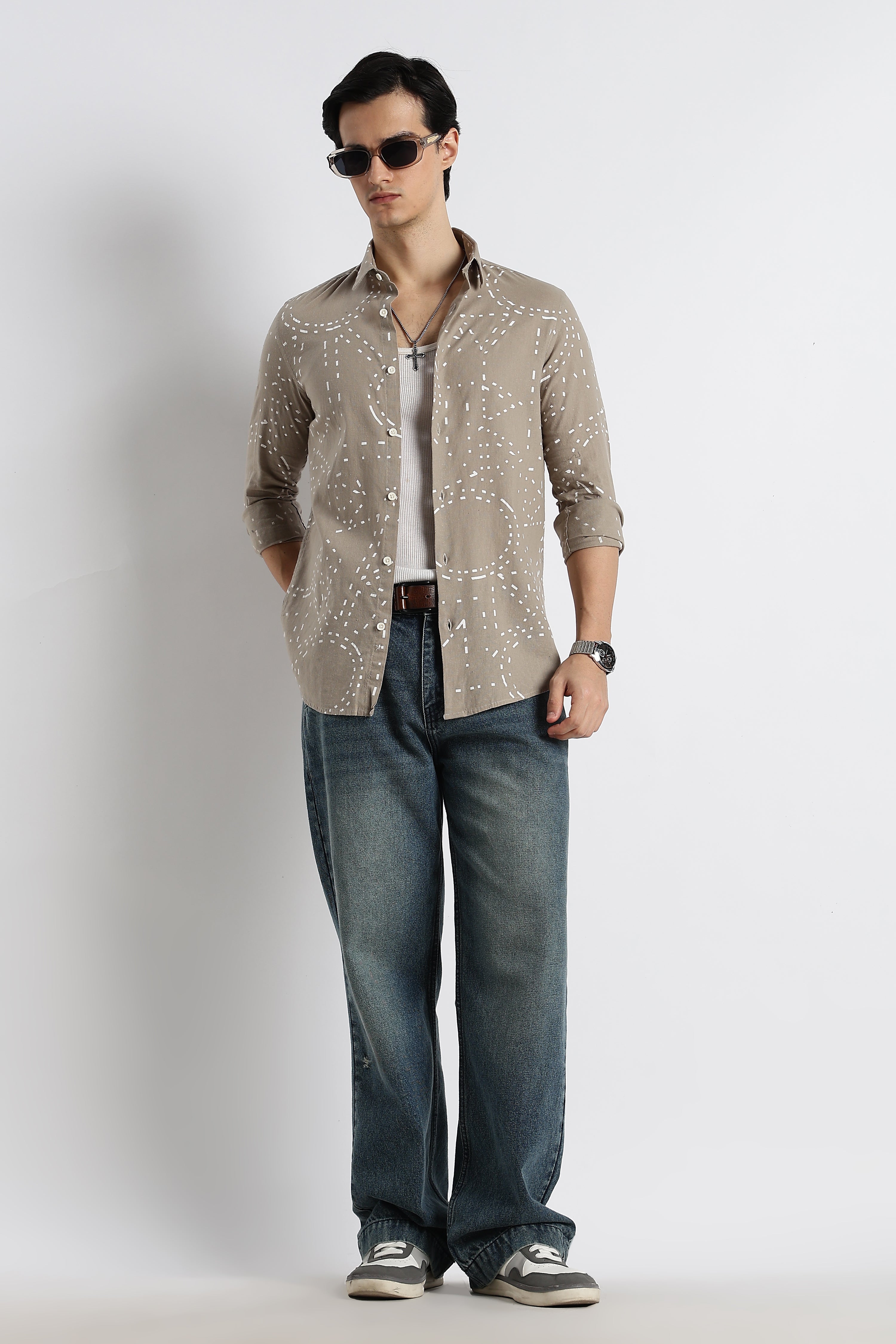 Men Abstract Geo-Print Cotton Shirt