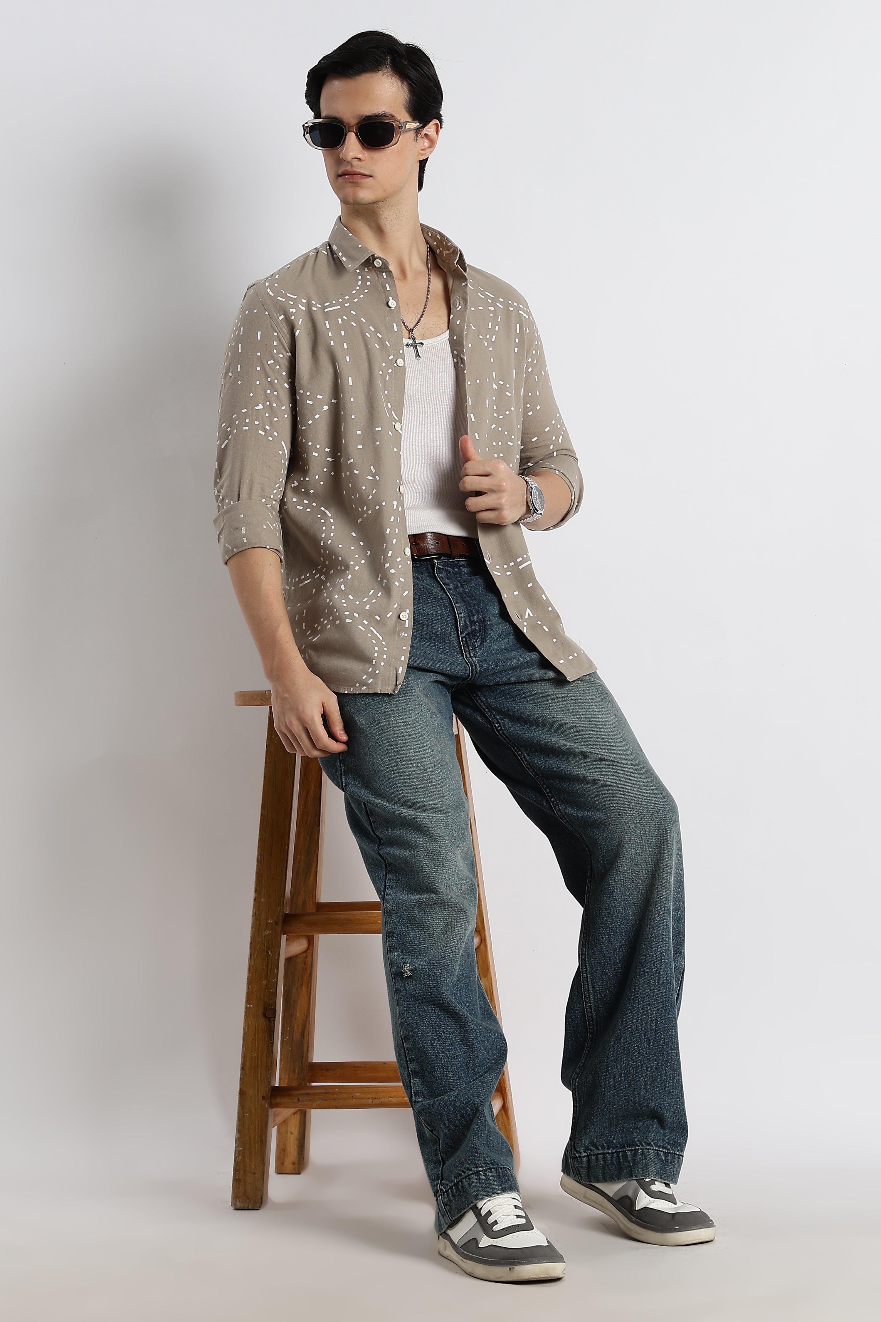 Men Abstract Geo-Print Cotton Shirt