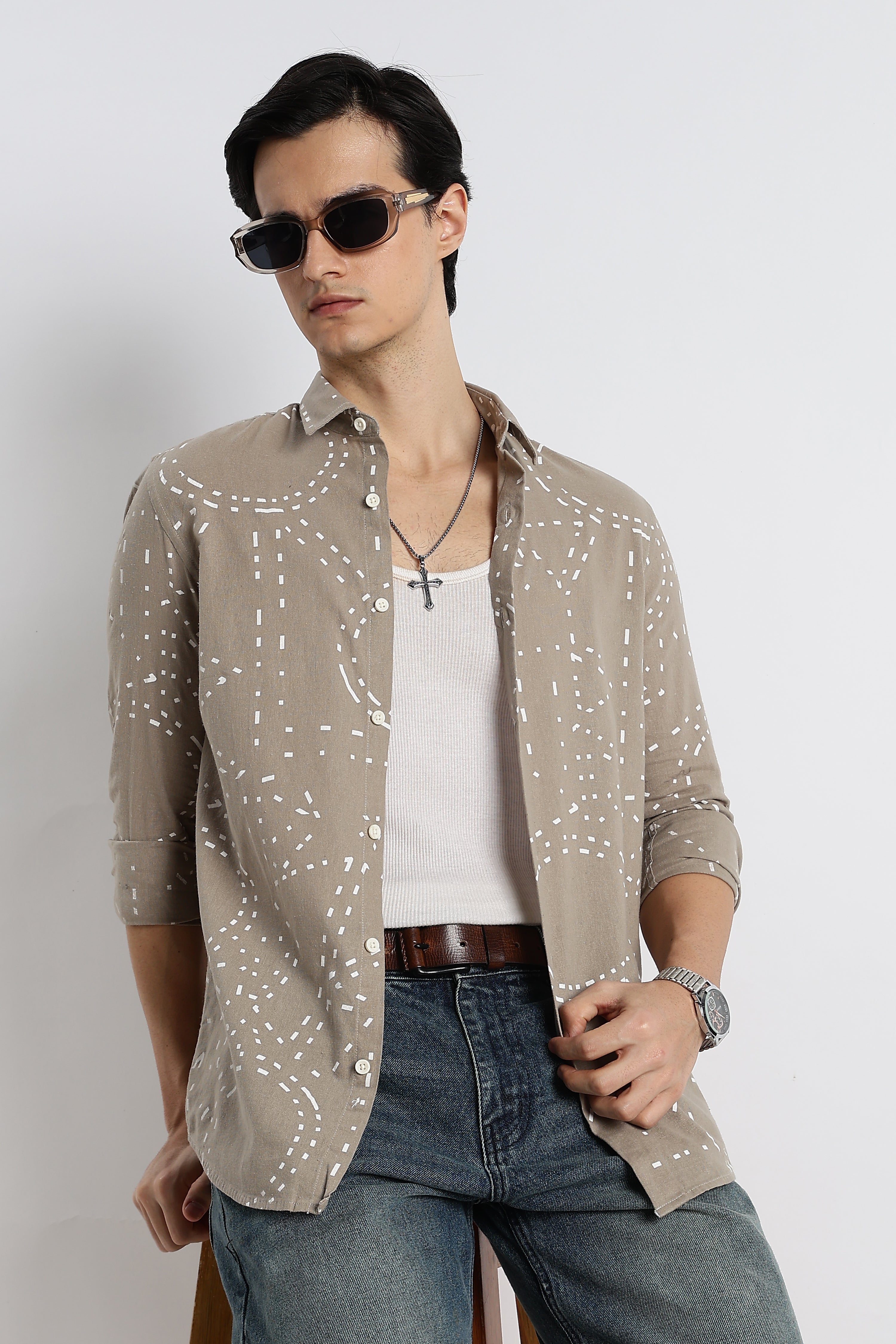Men Abstract Geo-Print Cotton Shirt