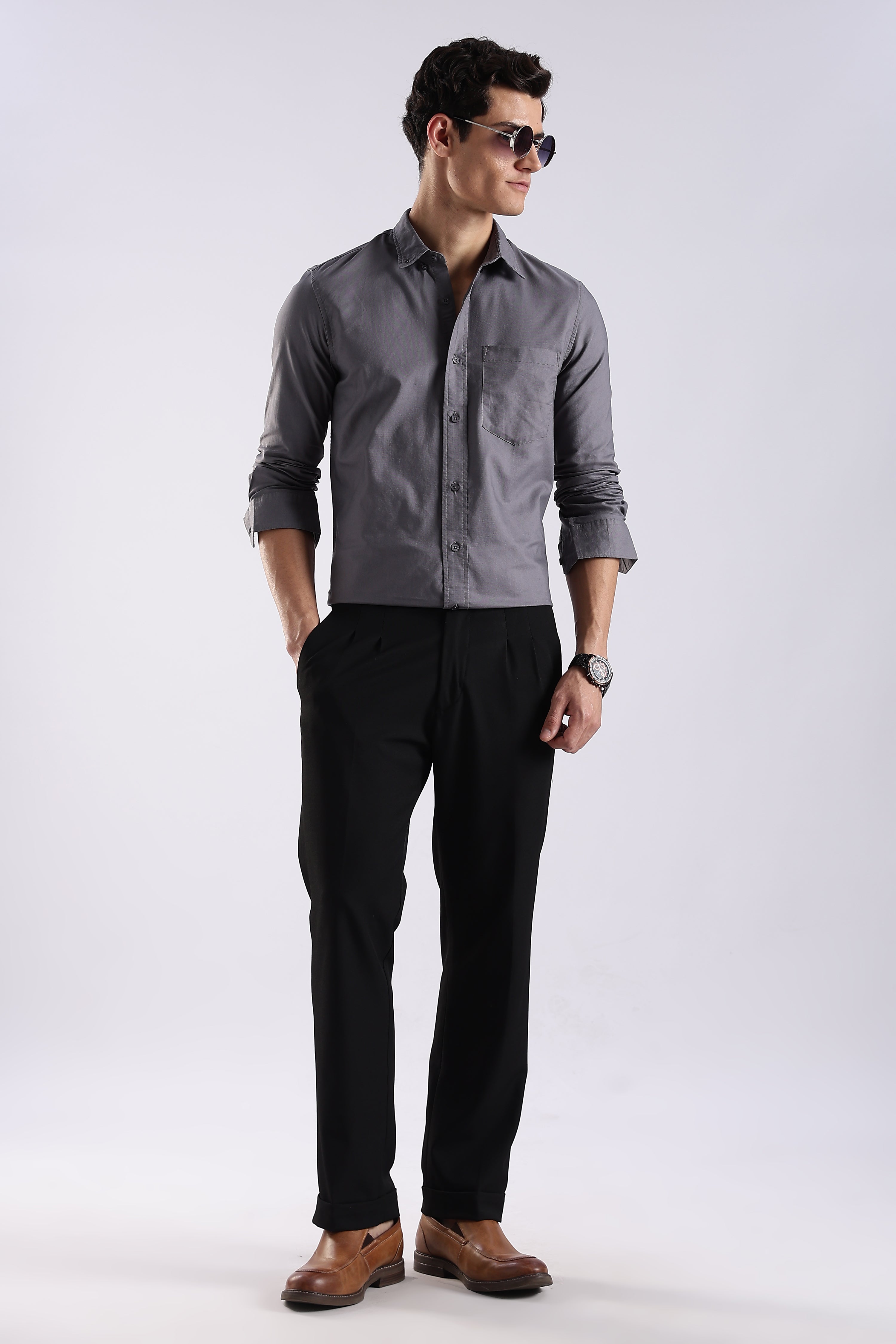 Men Grey Oxford Solid Shirt