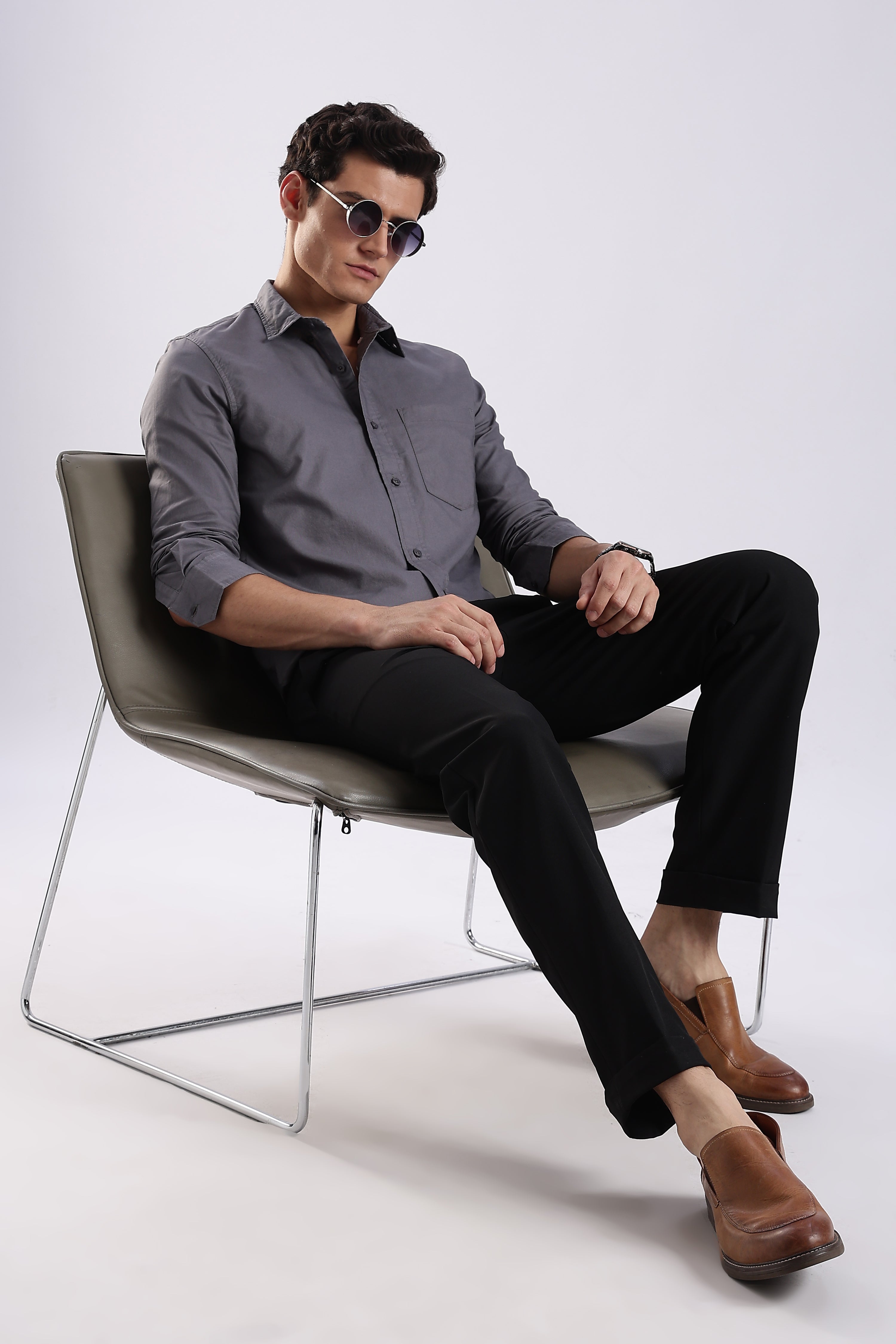Men Grey Oxford Solid Shirt