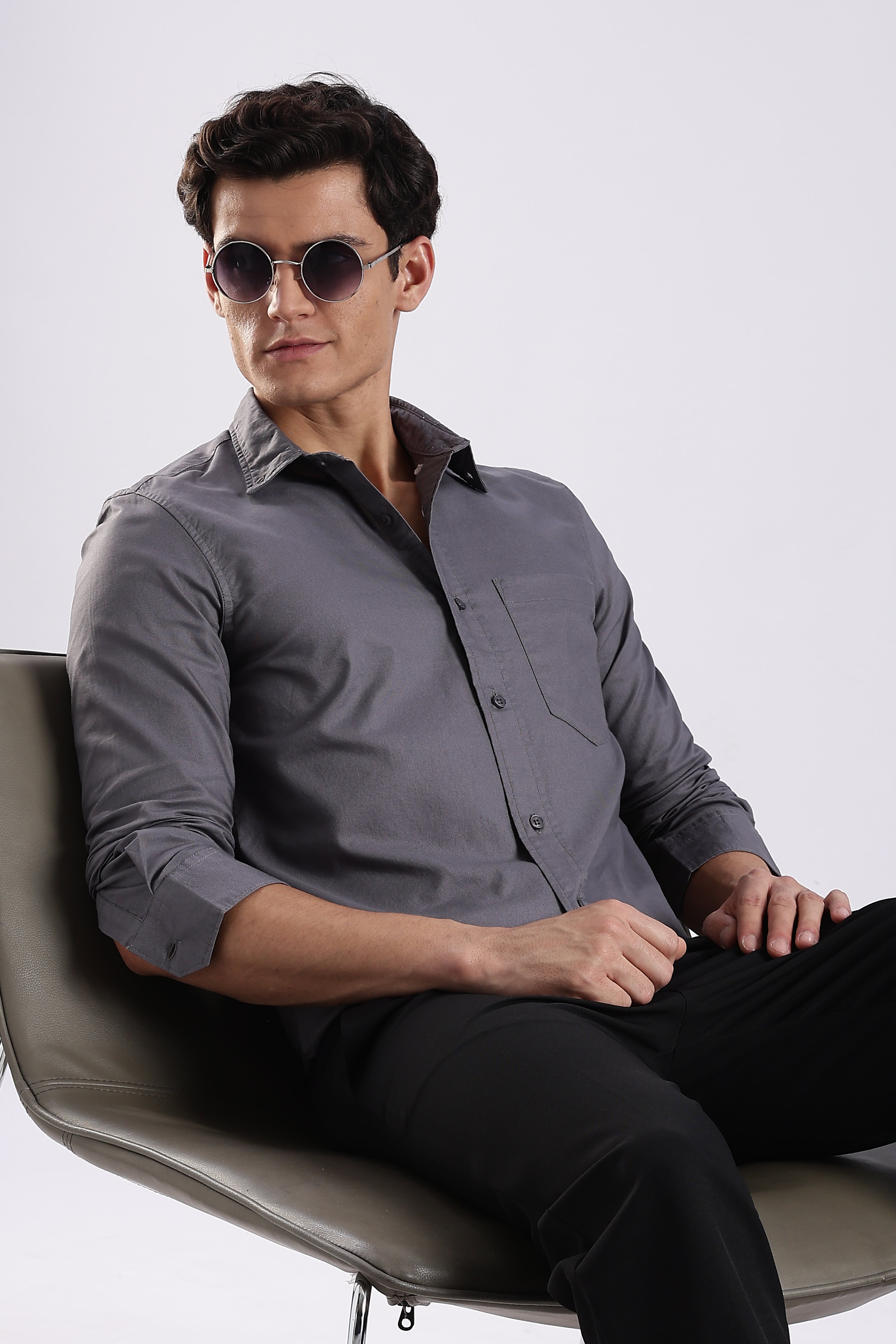 Men Grey Oxford Solid Shirt