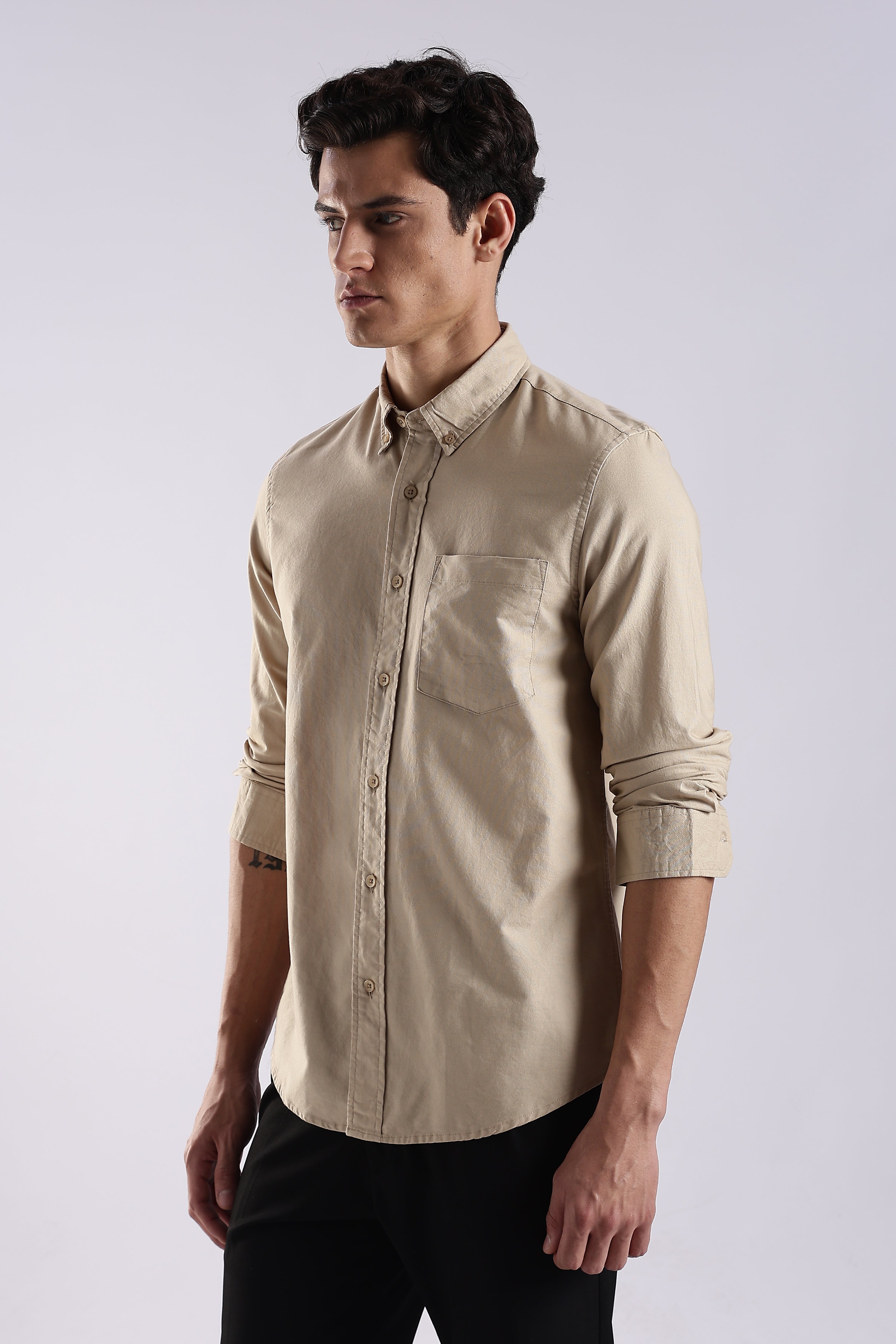 Men Cream Oxford Solid Shirt