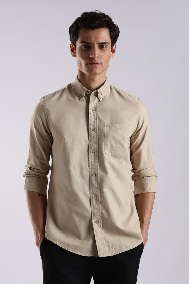 Men Cream Oxford Solid Shirt