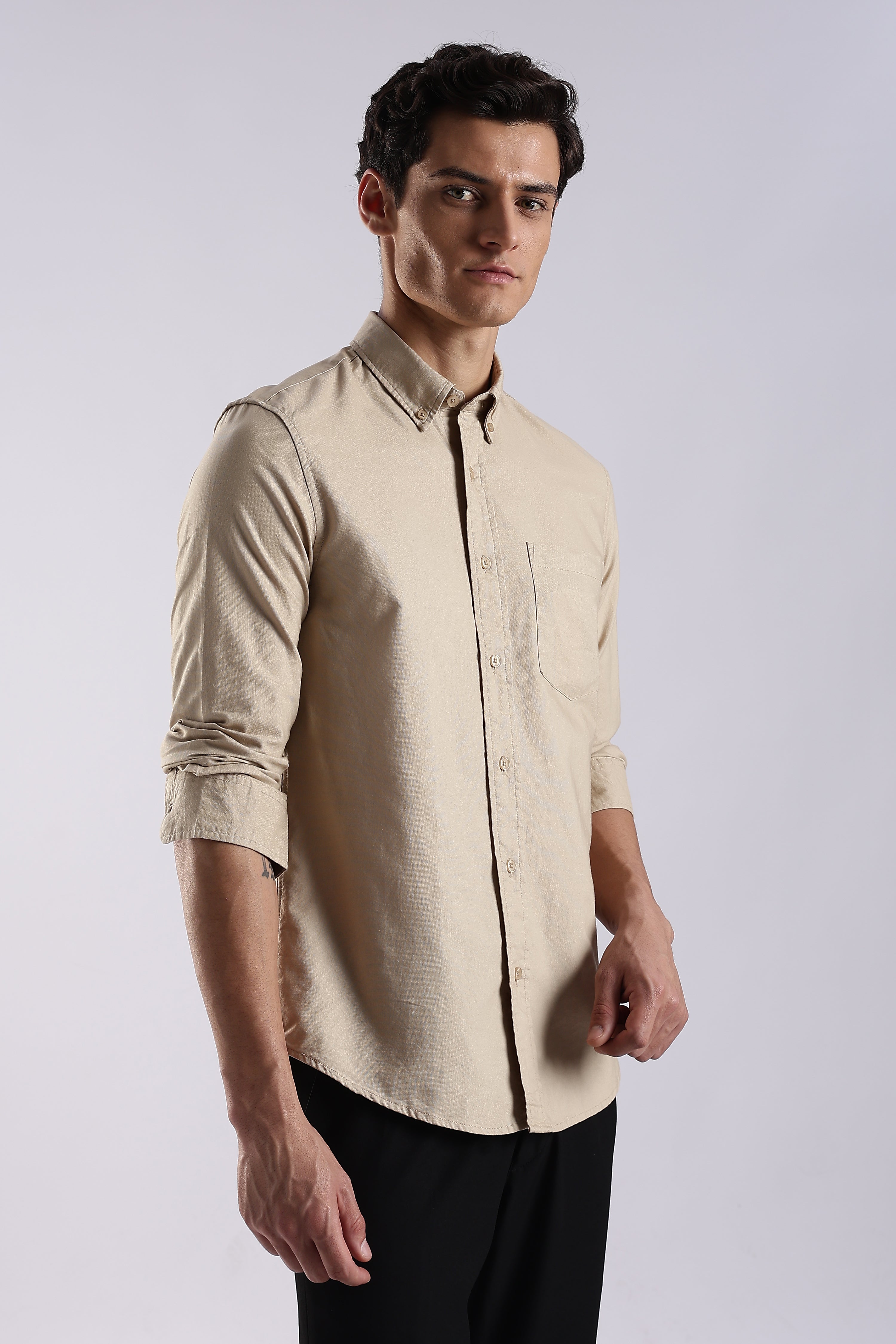 Men Cream Oxford Solid Shirt