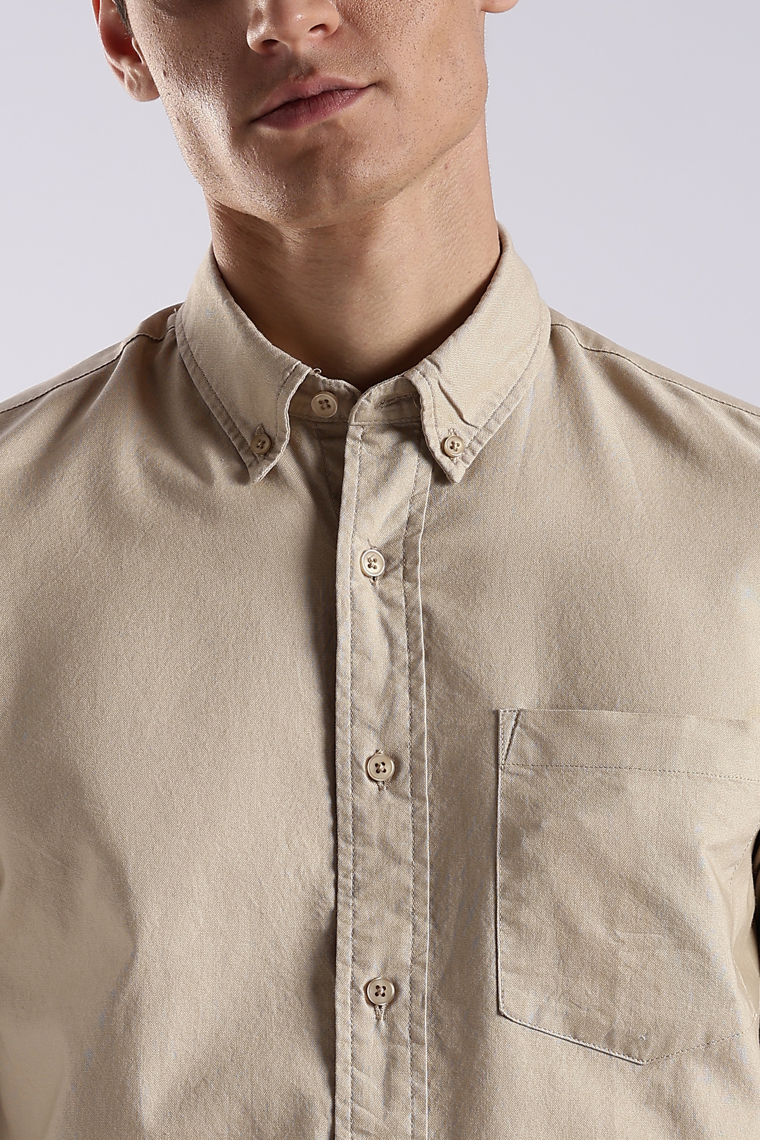 Men Cream Oxford Solid Shirt