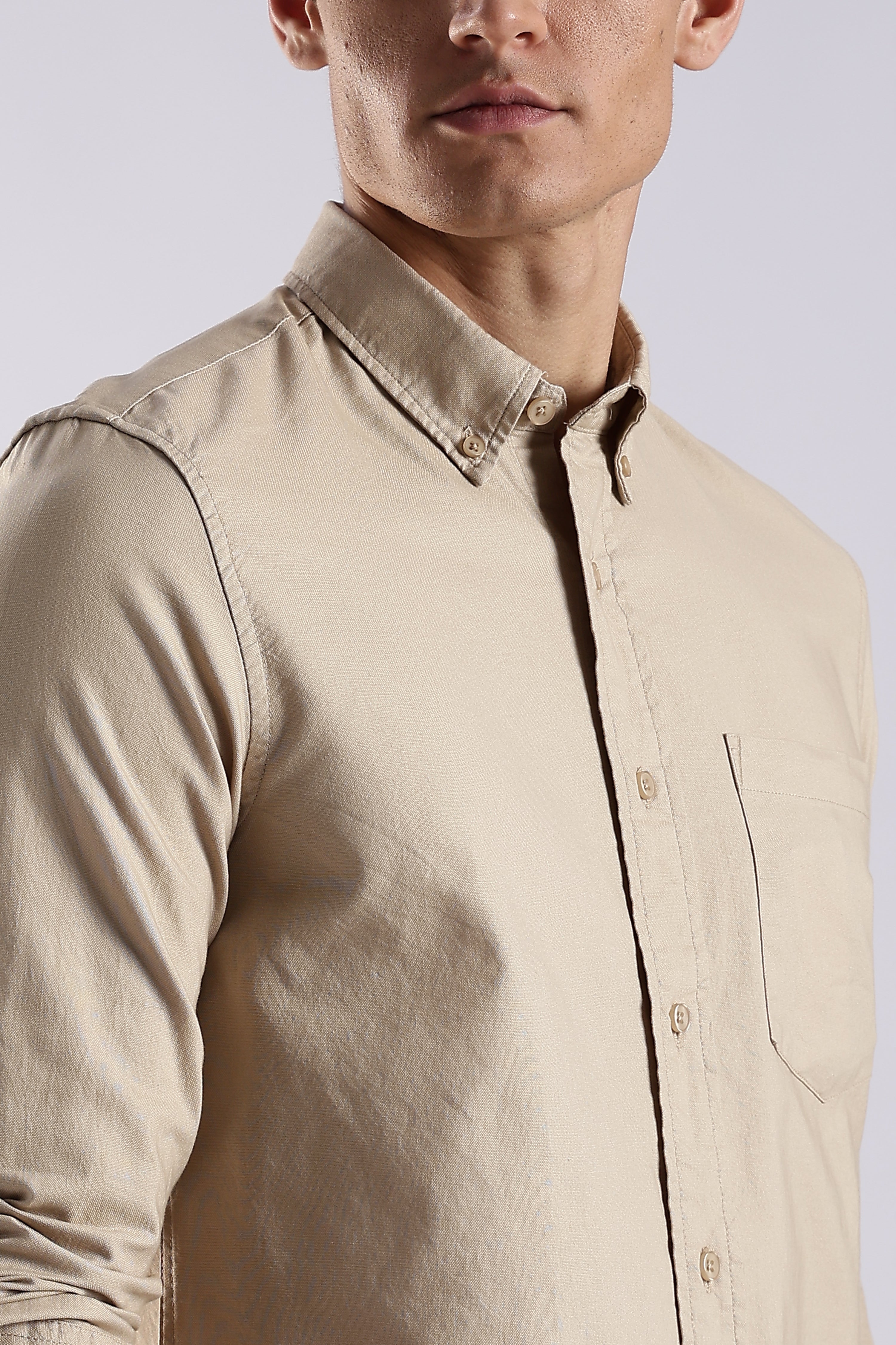 Men Cream Oxford Solid Shirt