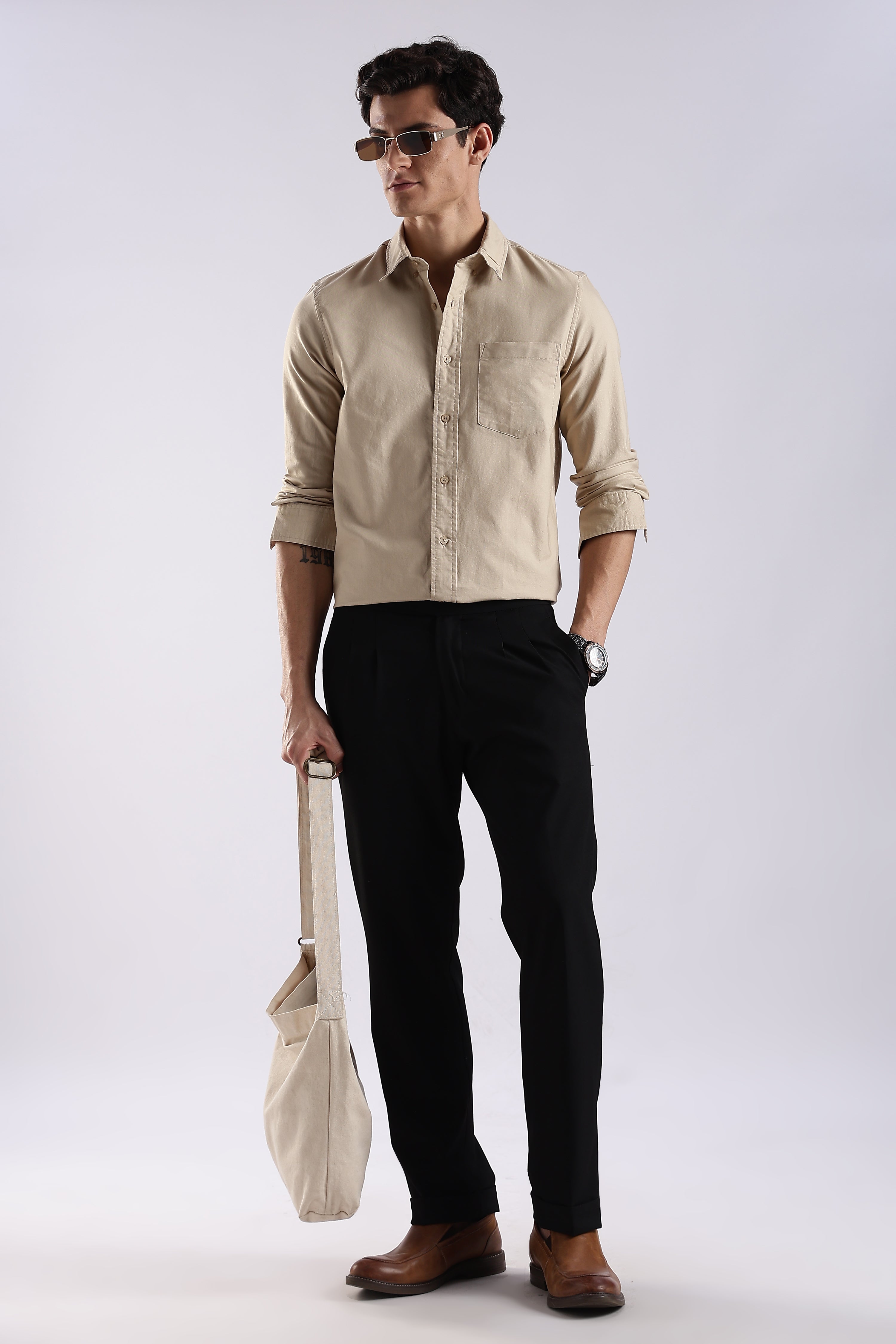 Men Cream Oxford Solid Shirt