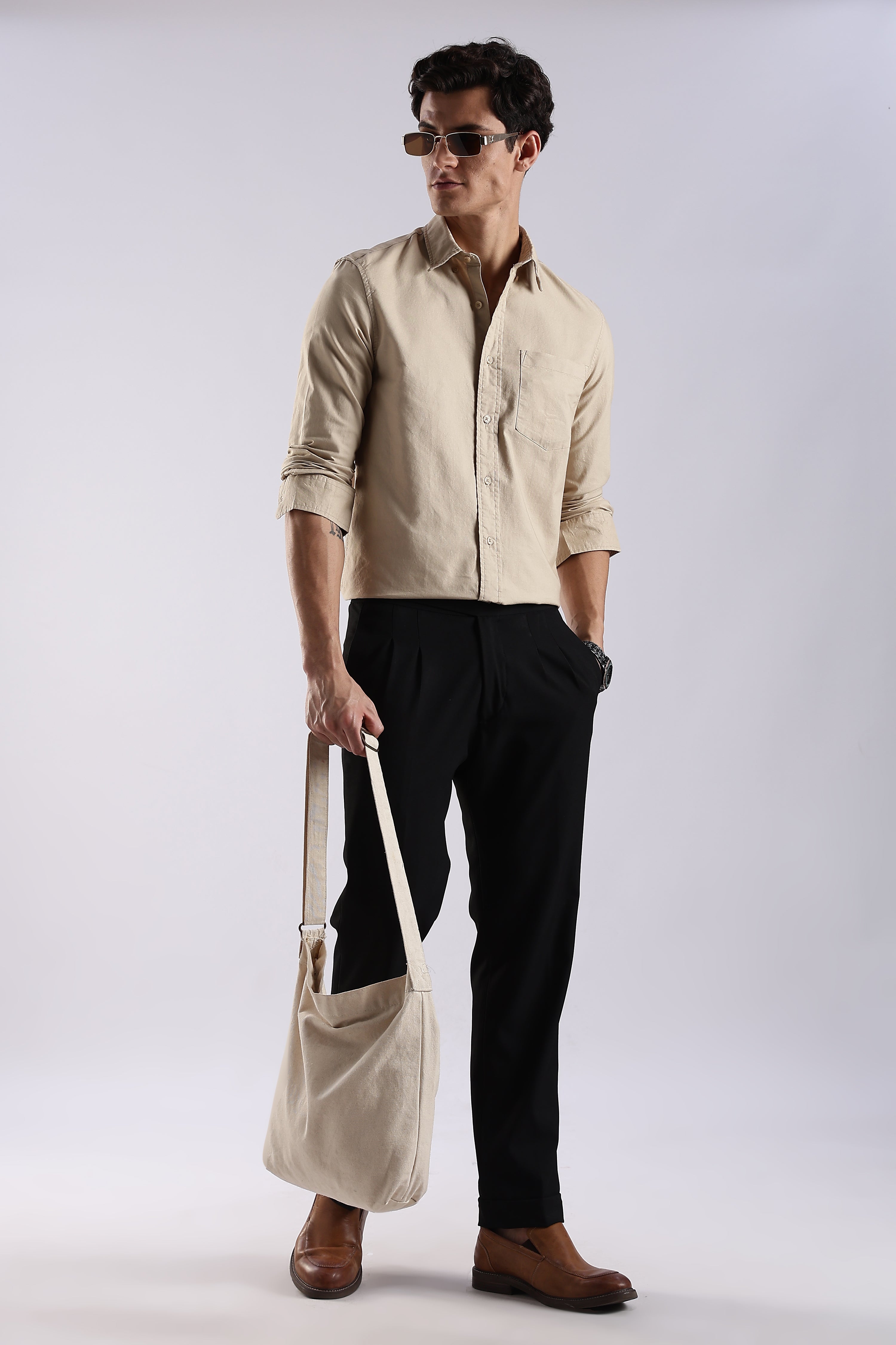 Men Cream Oxford Solid Shirt