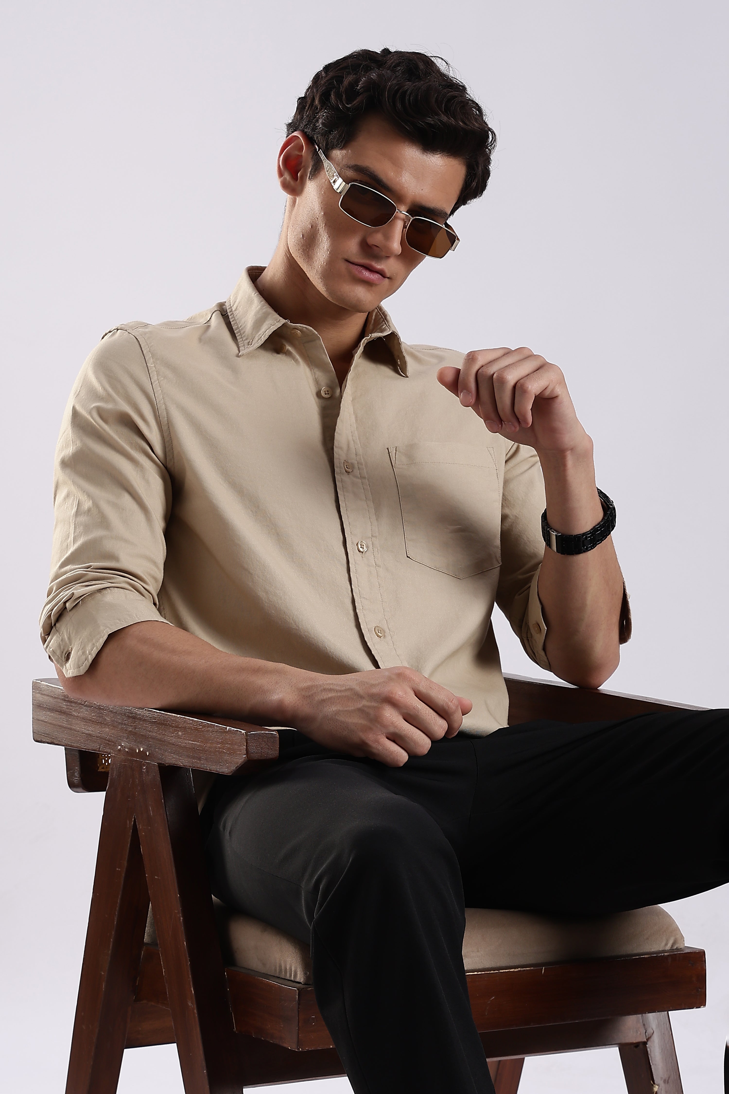 Men Cream Oxford Solid Shirt