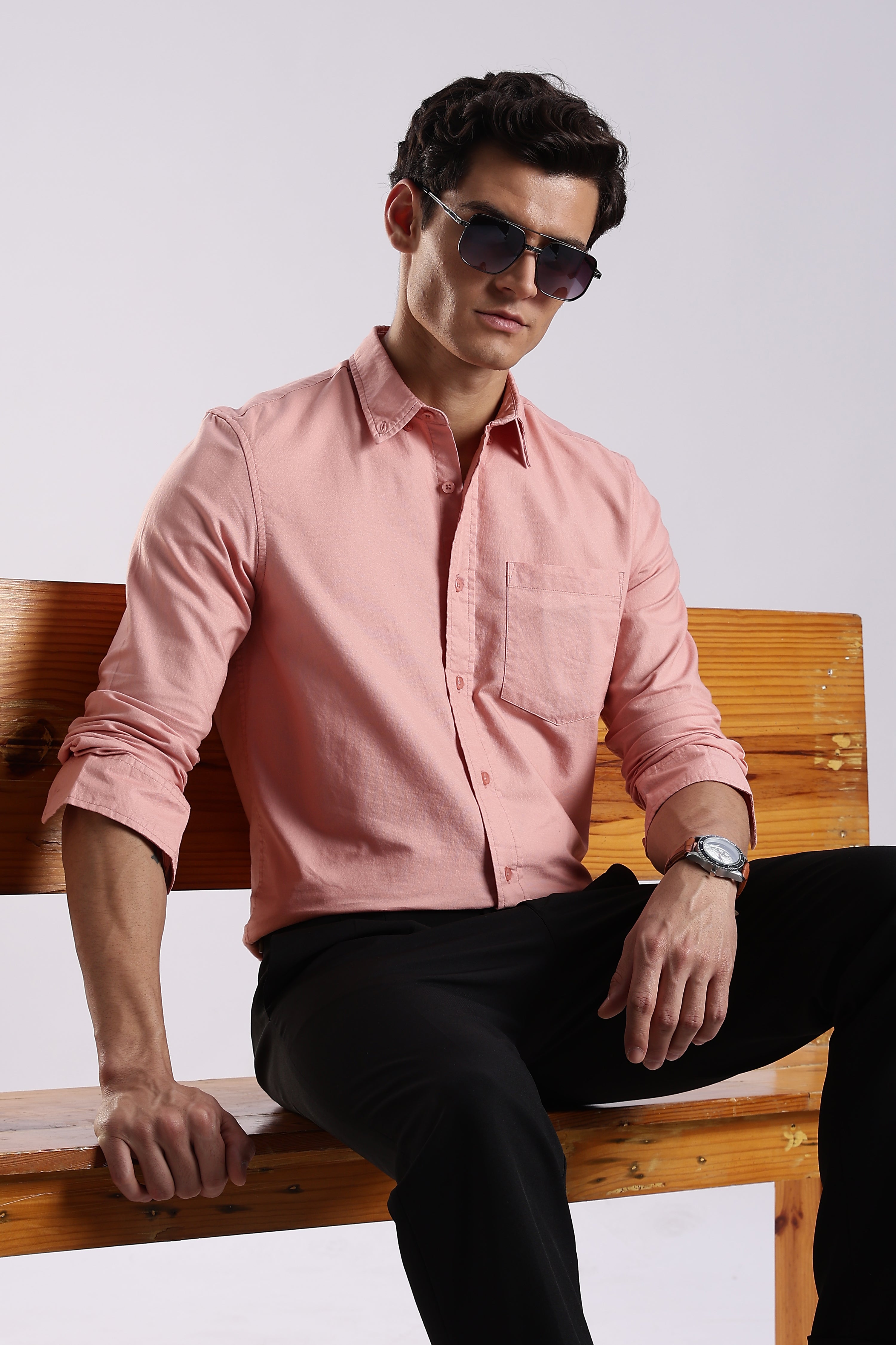 Men Orange Oxford Solid Shirt
